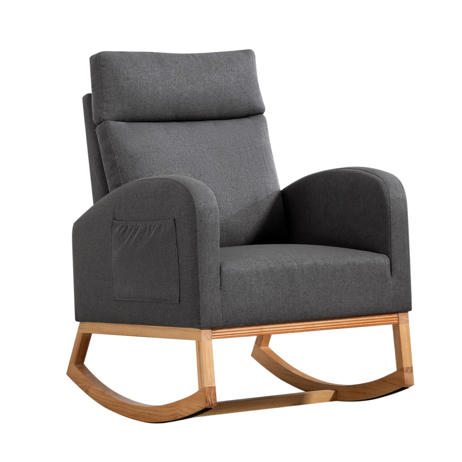 Nursery Glider Rocking Chair with High Backrest & Side Pockets - Upholstered Rubber Wood Rocker for Baby Nursery, Living Room & Bedroom - Dark Gray - Perfect for Breastfeeding, Reading & Relaxing