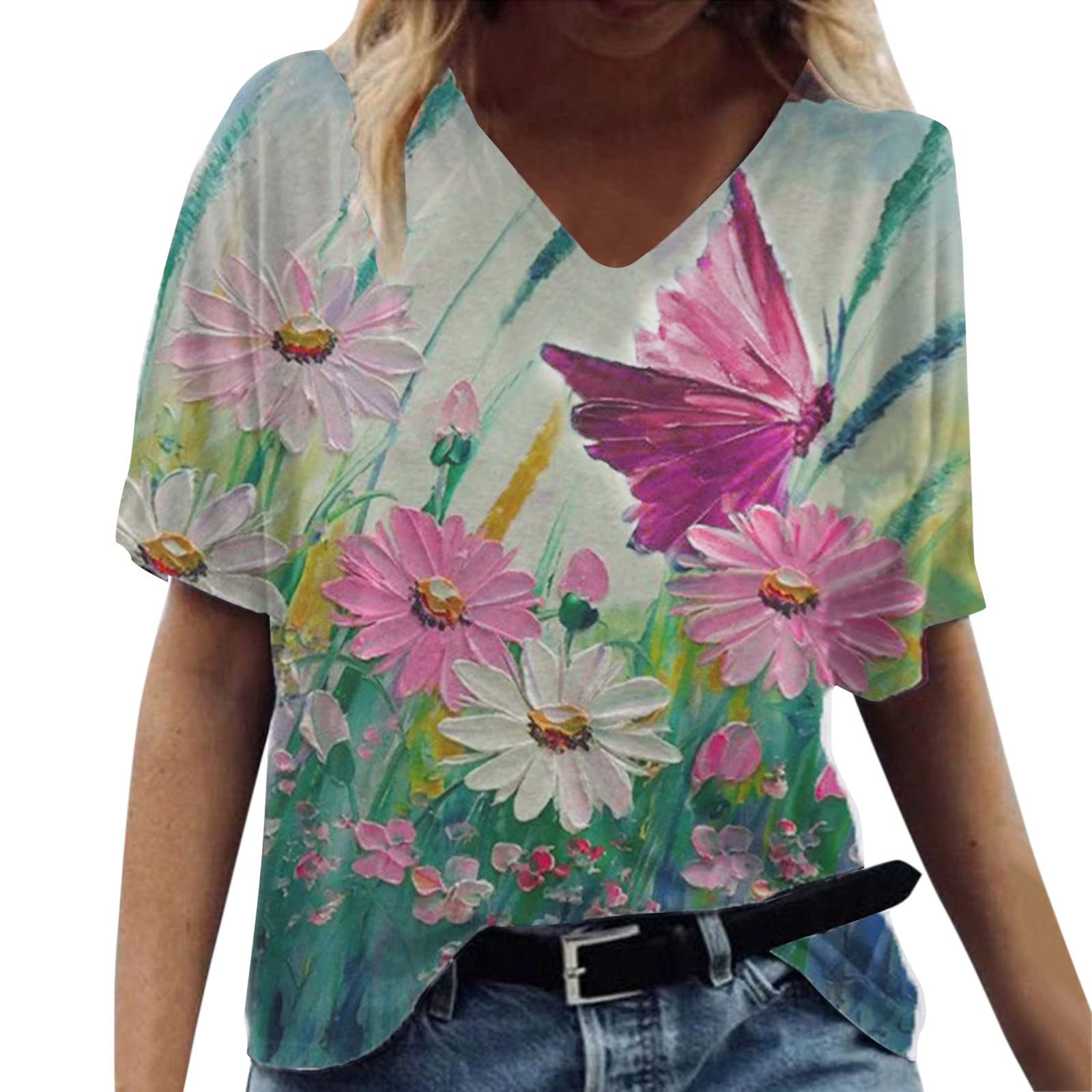Women's Floral Print V-Neck Short Sleeve Blouse - Loose Fit Casual Tops for Women - Perfect for Summer Outings, Beach Vacations & Everyday Wear