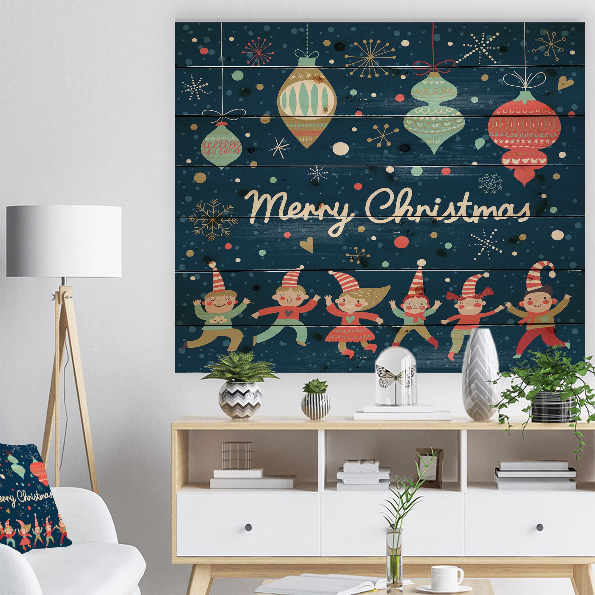 Modern Blue Christmas Dancing Elf & Snowflakes Wood Wall Art - Large Abstract Pine Wood Panel Decor for Kids Room, Living Room & Holiday Home Decoration