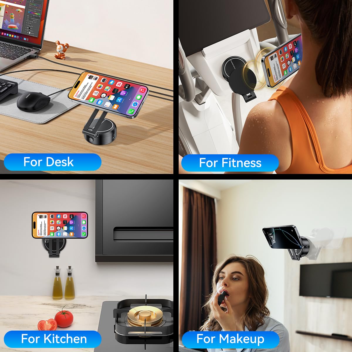 Strong Magnetic Car Phone Holder for iPhone 16/15/14/13/12 - Adjustable & Foldable Vacuum Suction Mount - Universal for Car, Shower, Mirror & Smooth Surfaces (Non-Charging) - Perfect for Driving, Bathroom Use & Home Organization