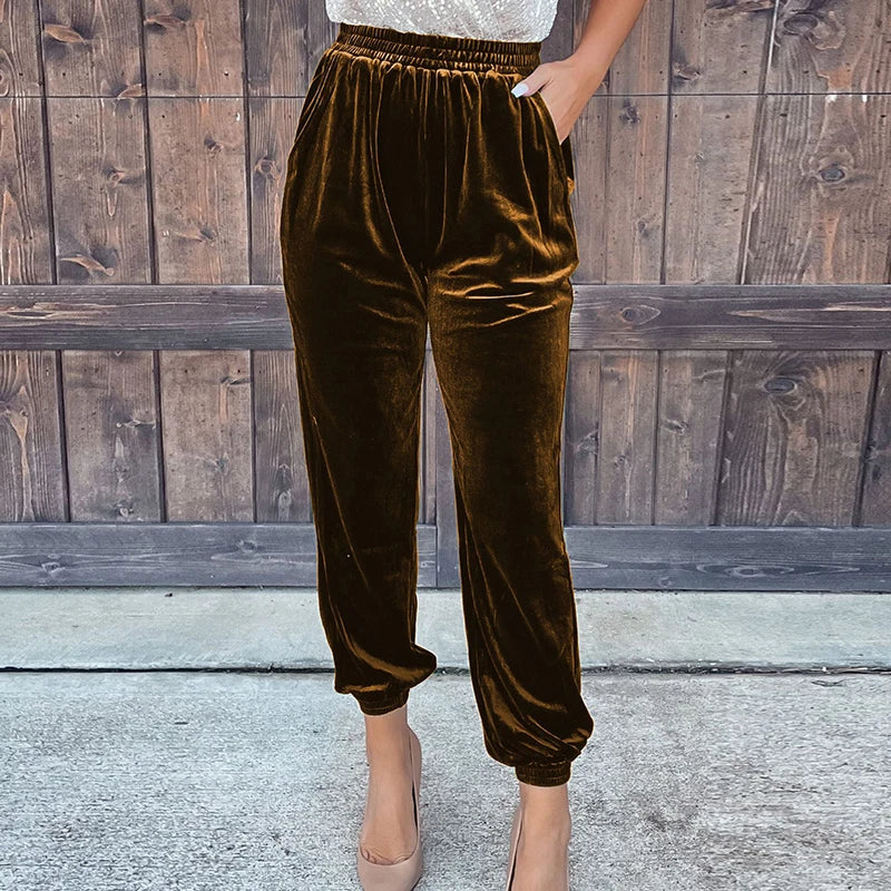 Stylish Red Velvet High Waist Pants for Women - Soft Stretch Elastic Waistband Comfortable Loose Fit Casual Trousers for Fall Winter Fashion (Perfect for Office, Party & Holiday Outfits)