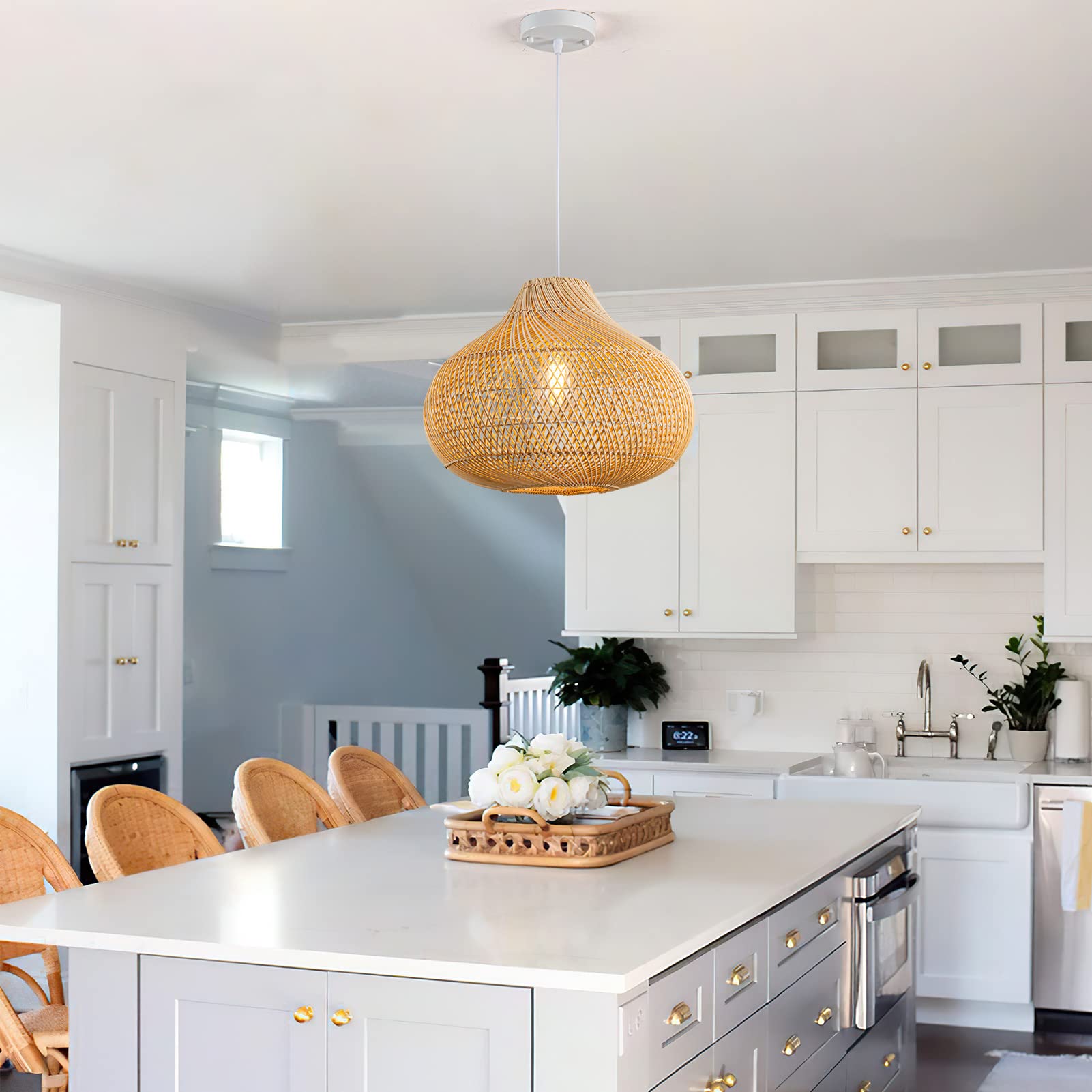 Hand-Woven Rattan Pendant Light - Large Boho Wicker Chandelier for Dining Room, Kitchen Island & Living Room | Natural Fiber Hanging Lamp for Farmhouse, Coastal & Bohemian Home Decor