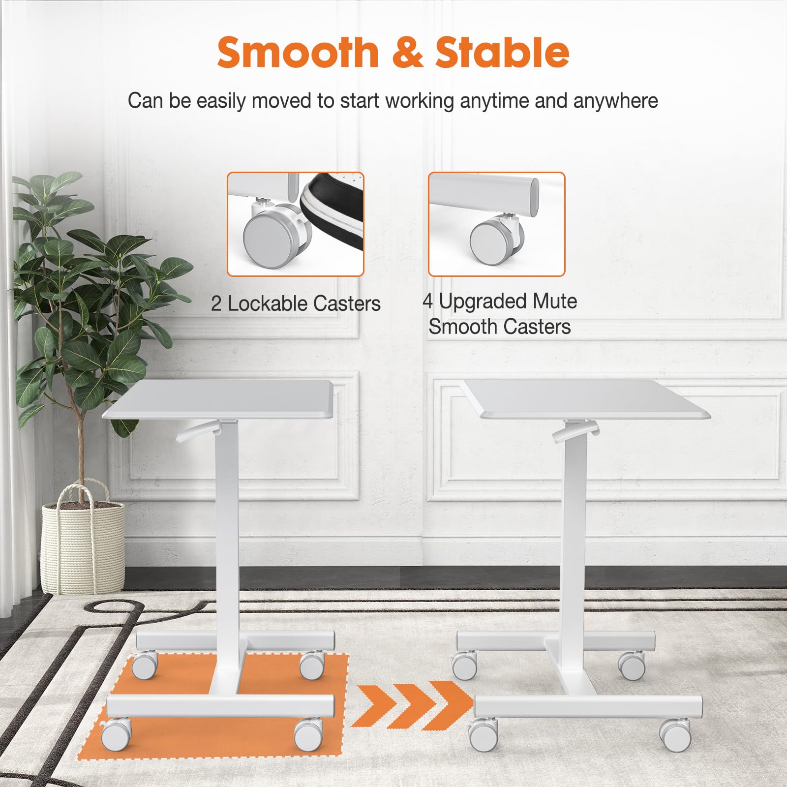 Sweetcrispy Small Mobile Standing Desk with Wheels - Adjustable Height Rolling Laptop Computer Cart for Home Office - Portable Workstation for Small Spaces, Dorm Rooms & Office Use - White