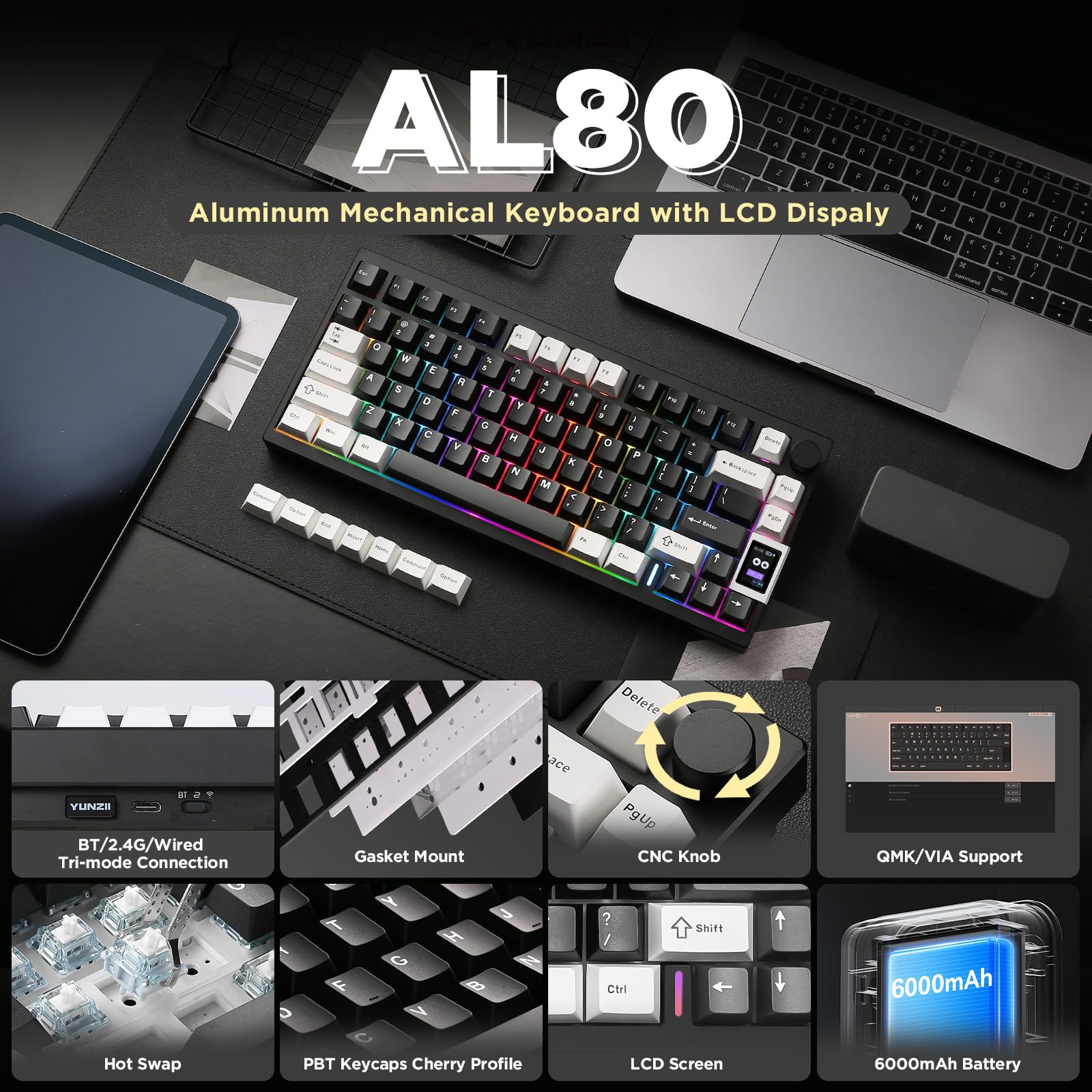 YUNZII AL80 Wireless Mechanical Keyboard - Full Aluminum CNC, Smart LCD Display, Hot Swappable Gasket Mount 75% Layout with Knob, Bluetooth/2.4G/USB-C, QMK/VIA Support for Windows/Mac (Black, Gateron Zero Switch) - Perfect for Gaming, Typing & Office Work