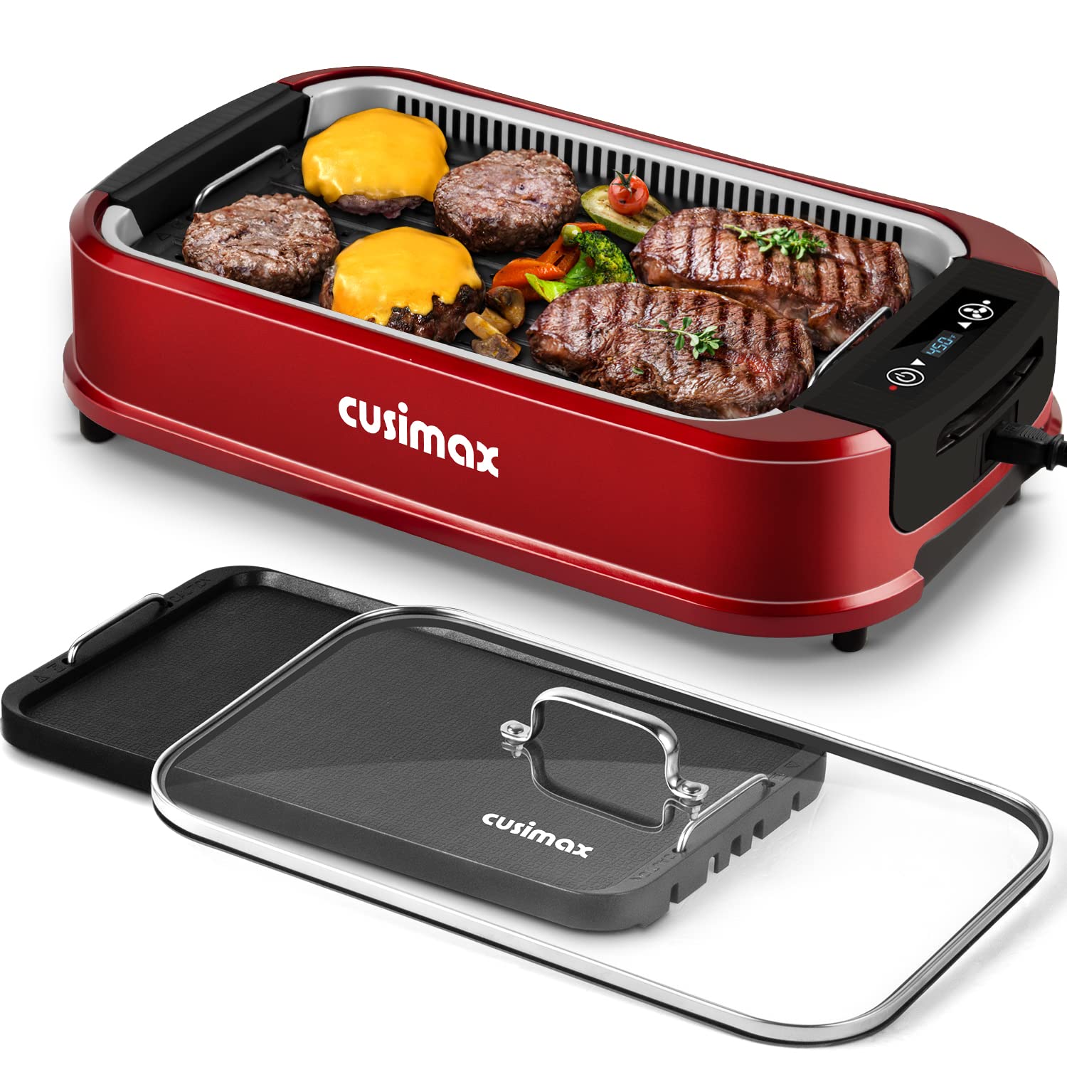 CUSIMAX 1500W Electric Indoor Smokeless Grill - Korean BBQ Griddle with LED Smart Display, Tempered Glass Lid & Non-Stick Removable Plates (Red) - Perfect for Home Cooking, Family Gatherings & Healthy Meals