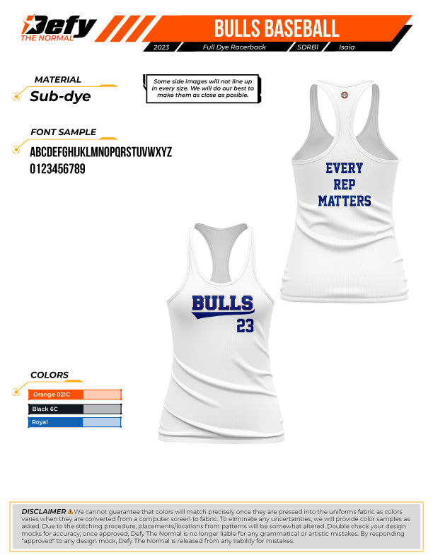 Bulls Baseball Sublimated Dye Women's Racerback Tank Top - Gym Workout & Sports Fan Apparel