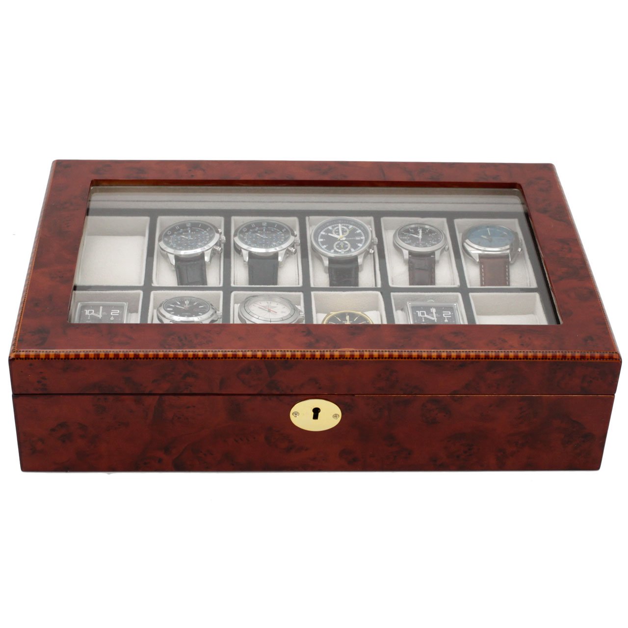 12 Slot Luxury Watch Box with Burlwood Finish & Glass Display Window - Premium Watch Organizer with Removable Tray & Locking Key - Perfect for Watch Collectors & Gift Giving