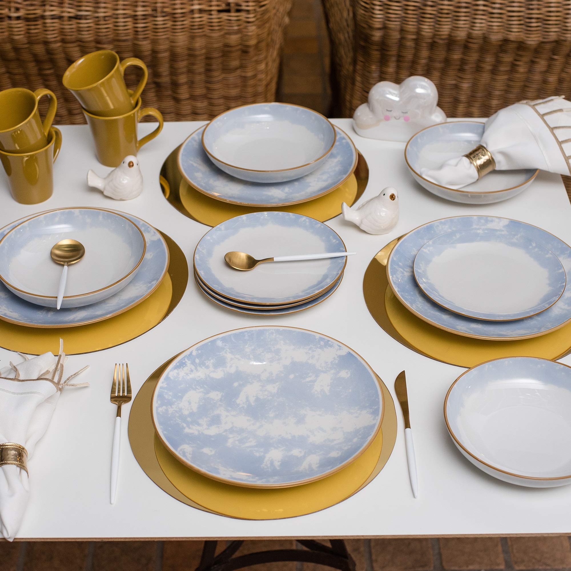 Manhattan Comfort Coup 16-Piece Microwave & Oven Safe Dinnerware Set with Floral Design - Blue & Yellow Ceramic Plates, Bowls & Mugs for 4 People - Perfect for Family Dinners, Entertaining Guests & Everyday Use