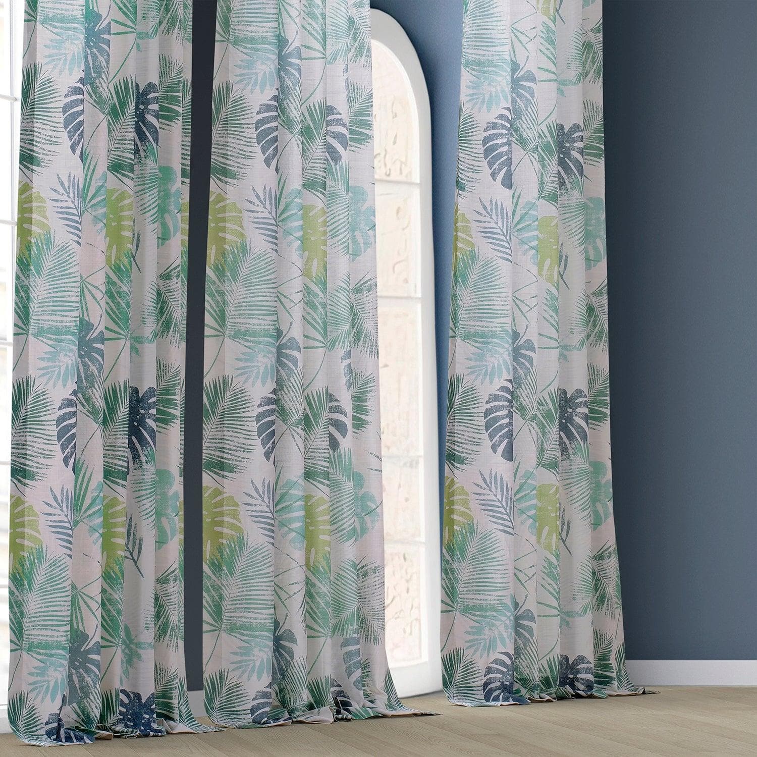 Light Blue Green Floral Printed Cotton Curtains for Living Room & Bedroom - Rainforest Inspired Textured Window Drapes