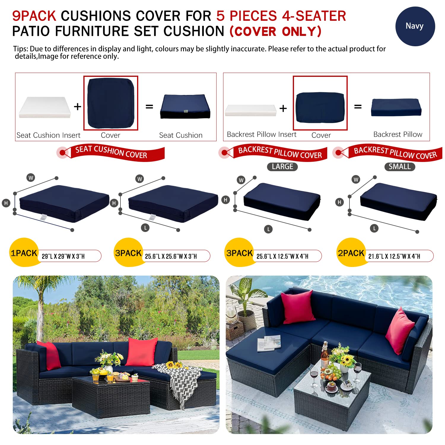 9 Pack Outdoor Patio Cushion Covers Set - Navy Blue Replacement Covers for 5-Piece 4-Seater Wicker Rattan Sectional Sofa (Large Size) - Waterproof & UV Resistant for Backyard, Poolside, and Deck Furniture Protection