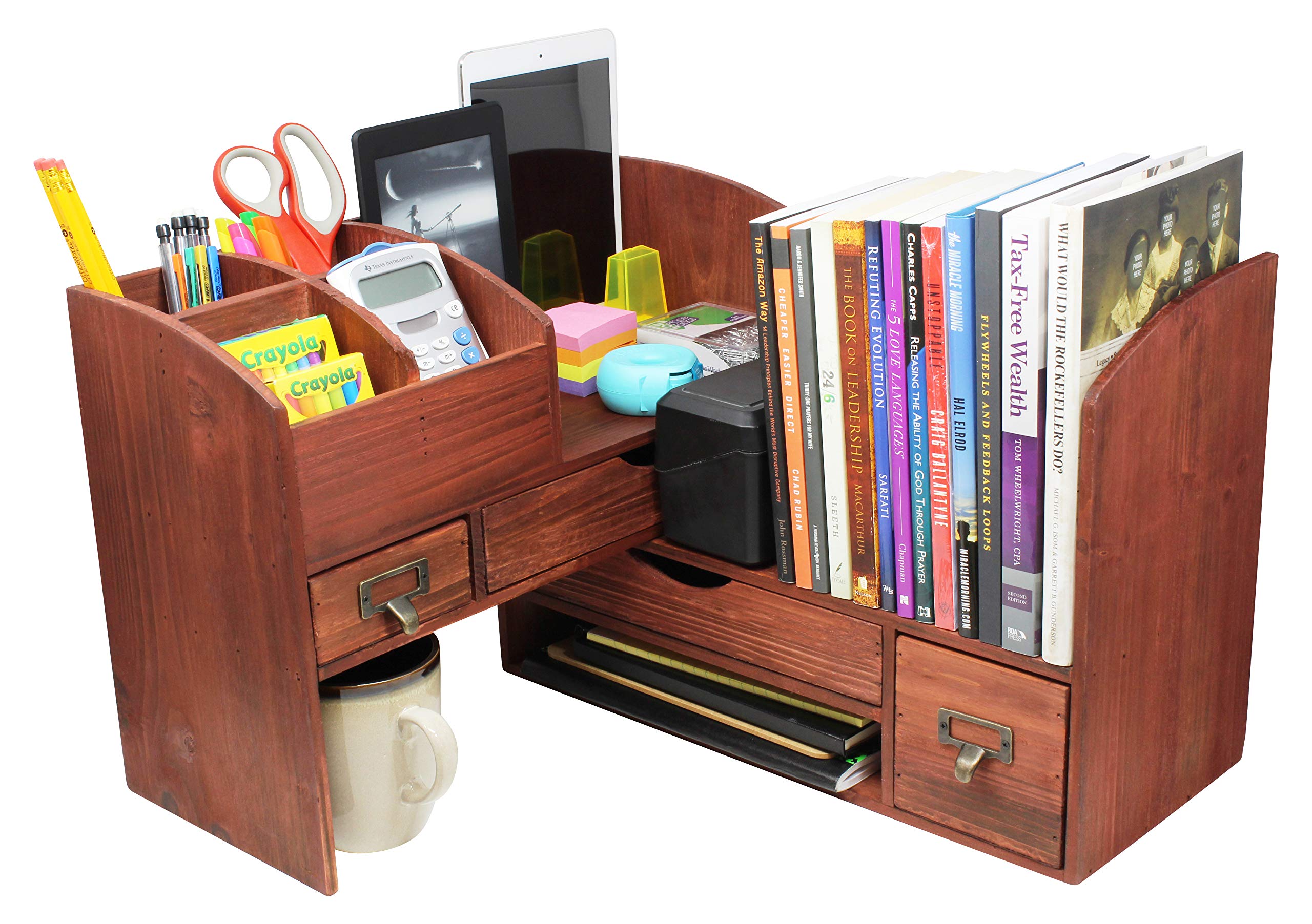 Premium Wooden Office Desk Organizer - Large Adjustable Storage Shelf for Desktop, Tabletop & Counter - Holds Office Supplies, Desk Accessories & Mail - Cherry Finish (WO13) - Perfect for Home Office, Workspace & Professional Environments