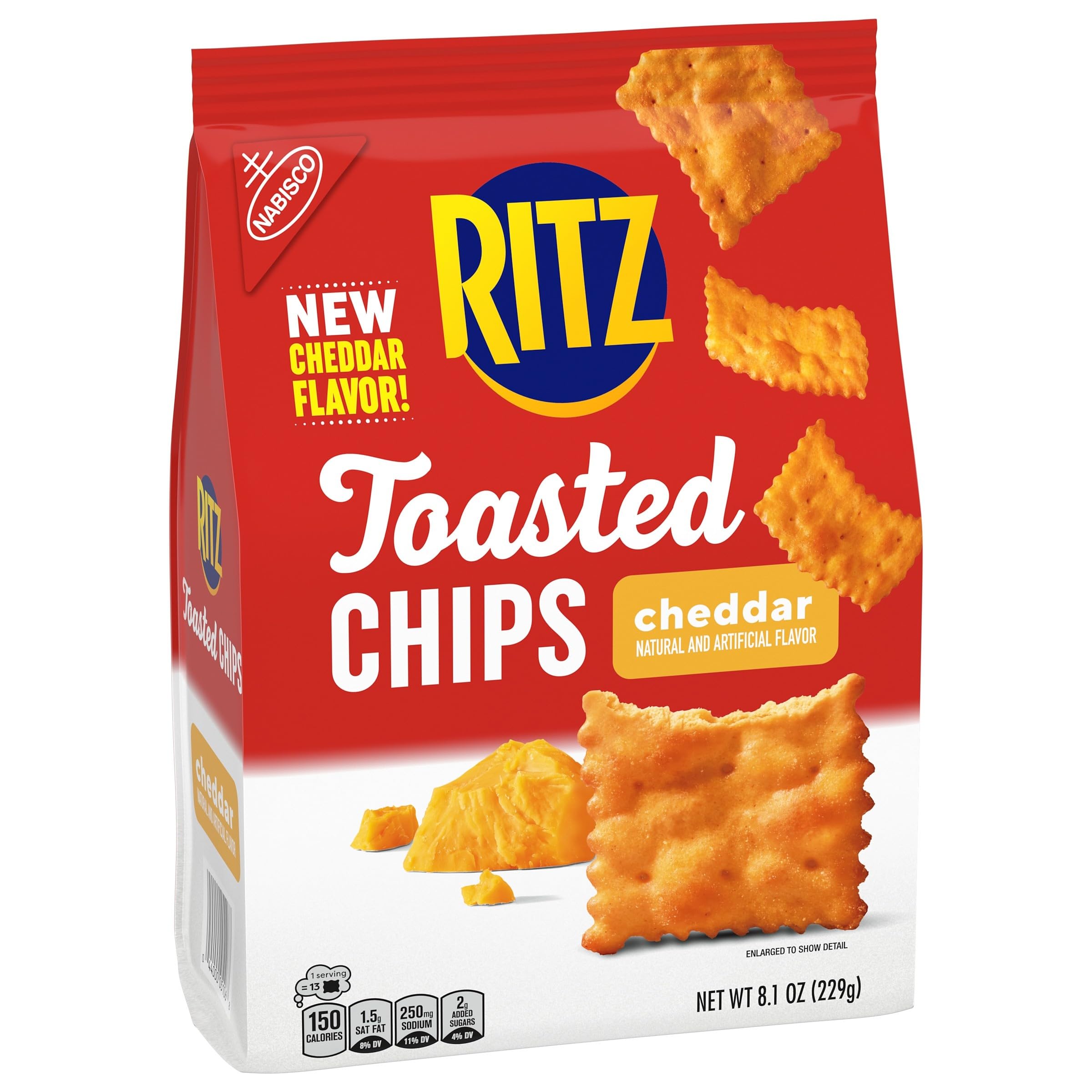 RITZ Toasted Chips Cheddar Cheese Crackers - 8.1 oz Party Snacks Pack - Perfect for Game Nights, Picnics & Office Snacking