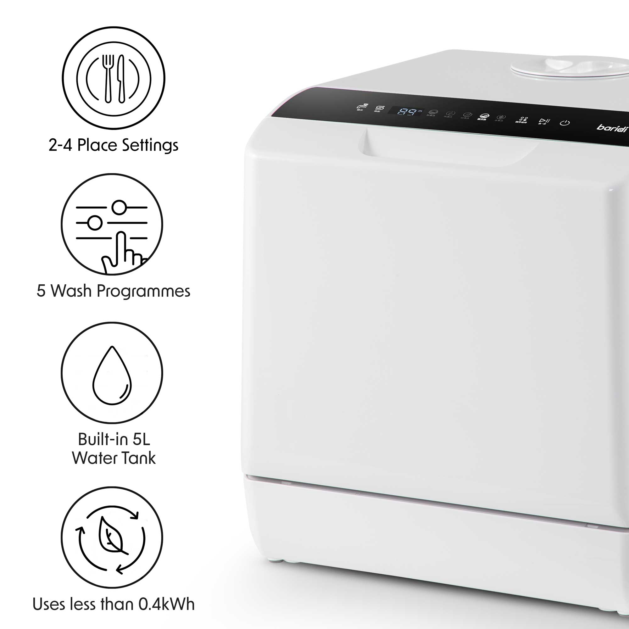 Baridi Mini Portable Tabletop 5L Dishwasher with 2-4 Place Settings - 5 Wash Functions for Small Kitchens, Apartments & RVs | Compact Countertop Dishwasher DH224A | Perfect for Dorms, Camping & Tiny Homes