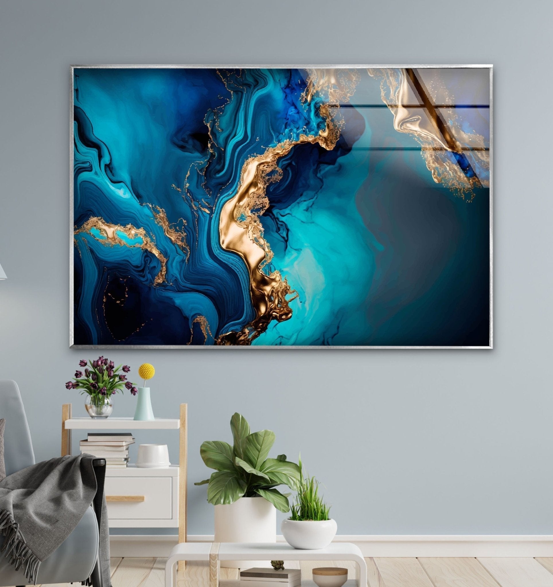 Abstract Turquoise Marble Glass Wall Art - Modern Home Decor for Living Room, Bedroom & Office - Handmade Blue and White Marbleized Glass Panel