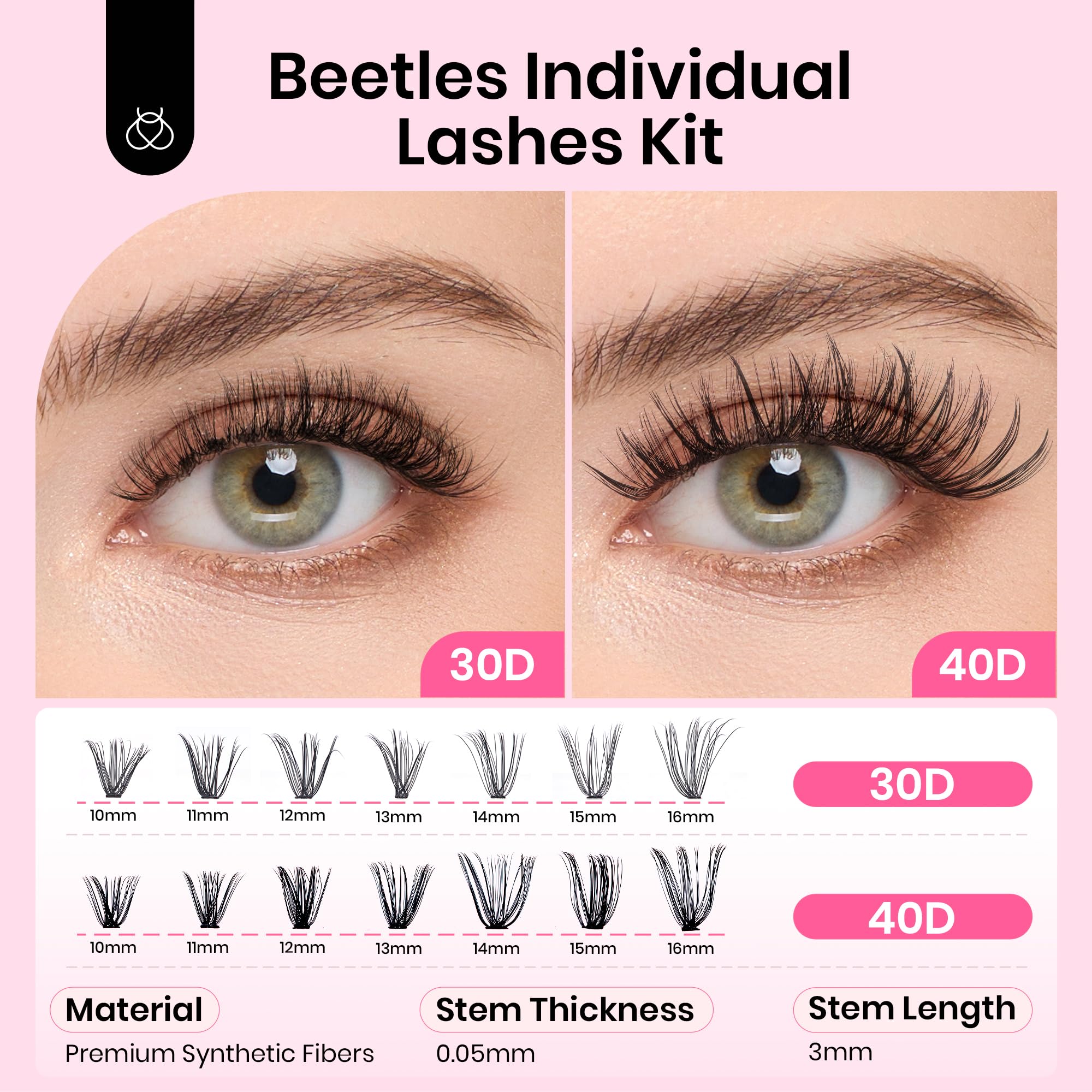 Beetles 30D 40D Eyelash Clusters - 280pcs Individual False Lashes, 10-16mm D Curl DIY Wispy Cluster Lashes for Natural Volume & Fluffy Look - Perfect for Lash Extensions, Salon Use, Bridal Makeup & Daily Wear (C026)
