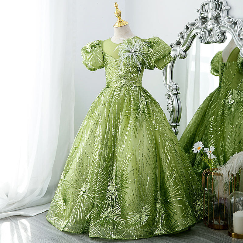 Light Green Flower Girl Dress with Sequins & Puff Sleeves - Girls Communion Princess Dress for Weddings, Baptisms & Special Occasions