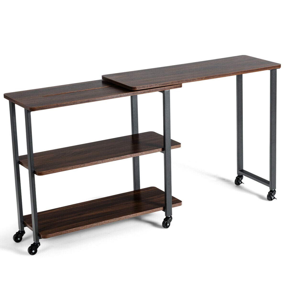 360 Degree Rotating L-Shaped End Table with Wheels & Brake - Sturdy Metal Frame, Open Storage Shelves, Water Resistant & Easy to Clean - Perfect for Living Room, Bedroom, Office (Walnut Finish)