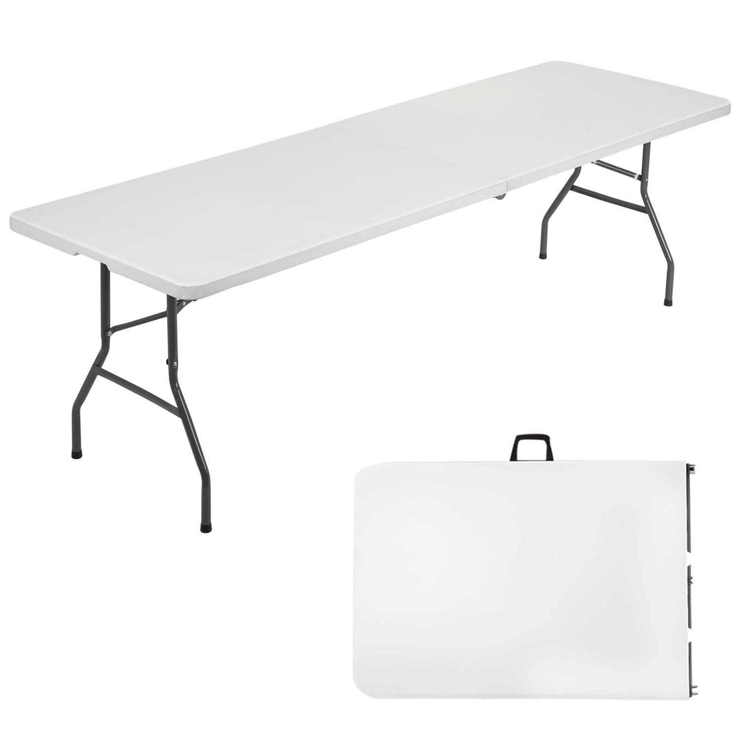 8 Foot Foldable Outdoor Dining Table - Portable Rectangular Plastic Folding Table with Built-in Handle for Parties, Weddings, Picnics & Backyard Gatherings - White