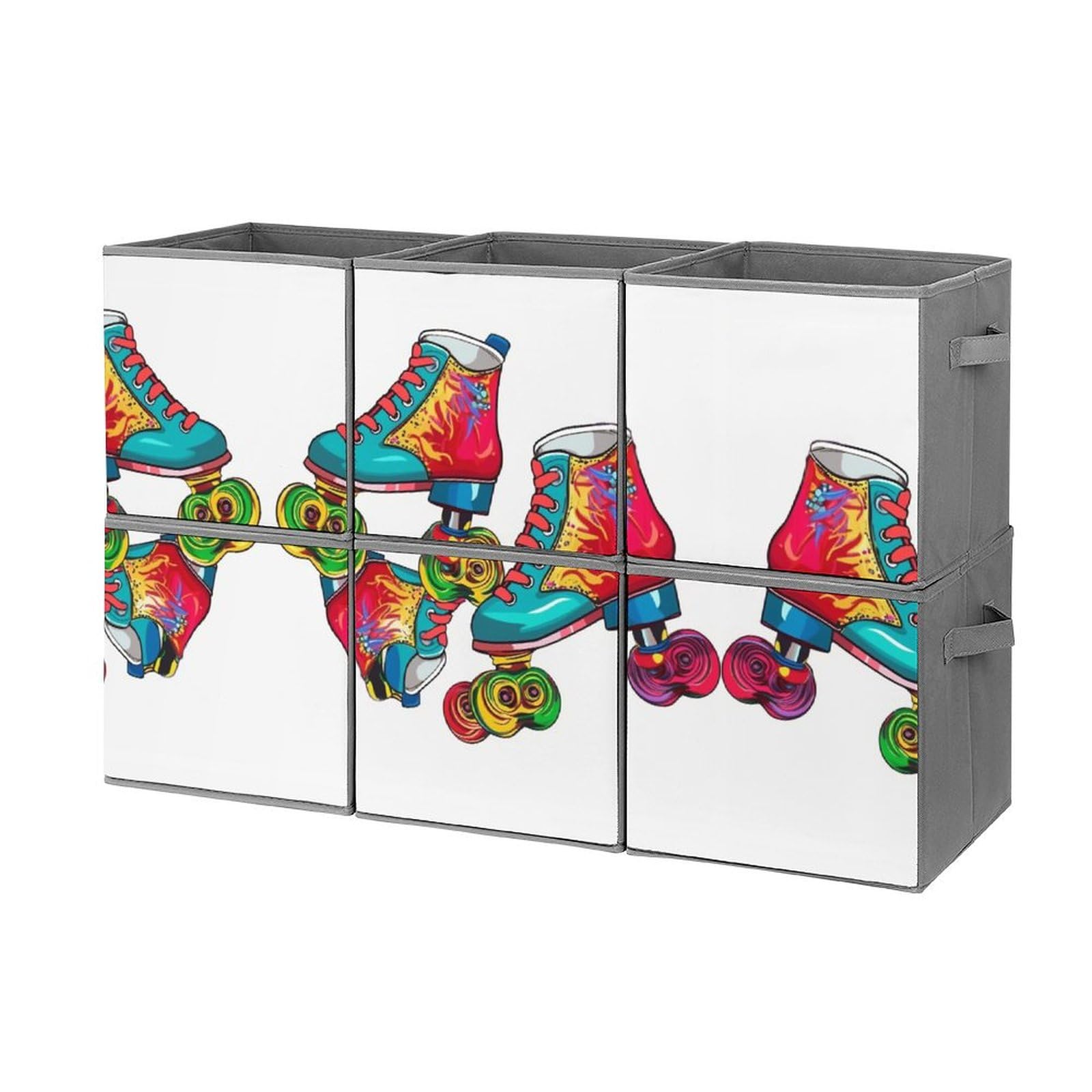 6-Pack Colorful Roller Skate Print Collapsible Storage Bins with Handles - Large Closet Organizer, Clothing Storage Boxes for Bedroom, Kids Room & Dorm Organization