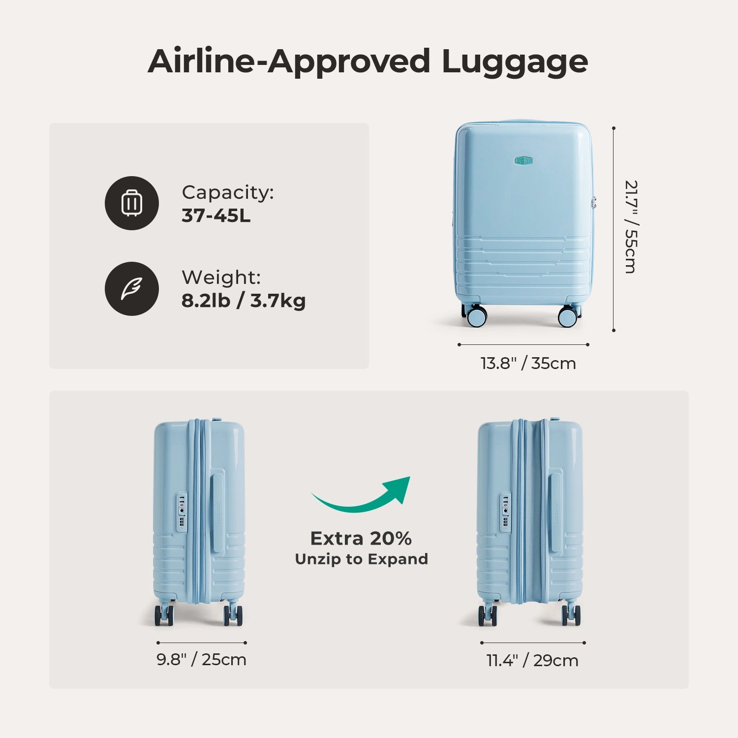Getaway 20 Carry On Luggage - Lightweight Travel Suitcase for Airplane Cabin Size - Perfect for Weekend Trips & Business Travel