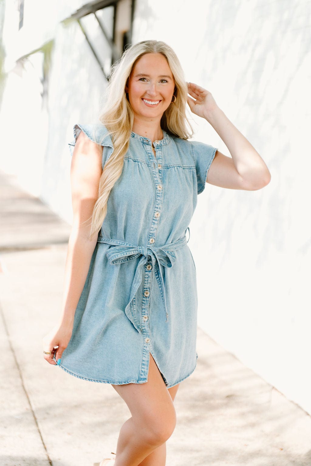 Chambray Ruffle Sleeve Button Down Dress for Women - Casual Summer Flowy Shirt Dress with Pockets | Perfect for Beach, Brunch & Office Wear