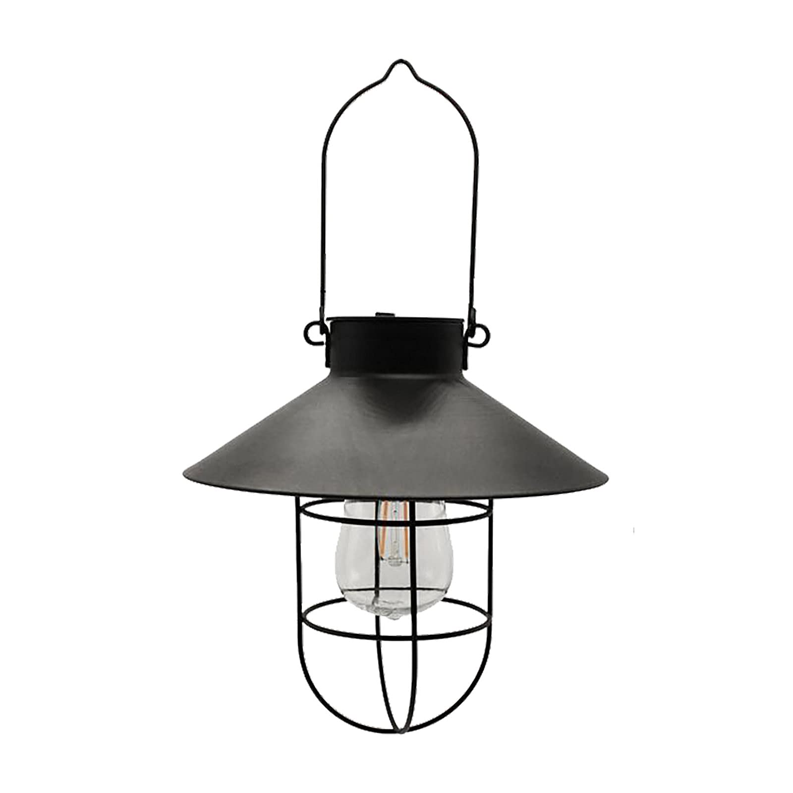 Solar Powered Outdoor Hanging Lantern with Shepherd Hook - Waterproof Metal Garden Lights for Pathway, Patio & Yard Decor - Vintage Style Tungsten Lighting for Camping, Backyard & Porch (Black)
