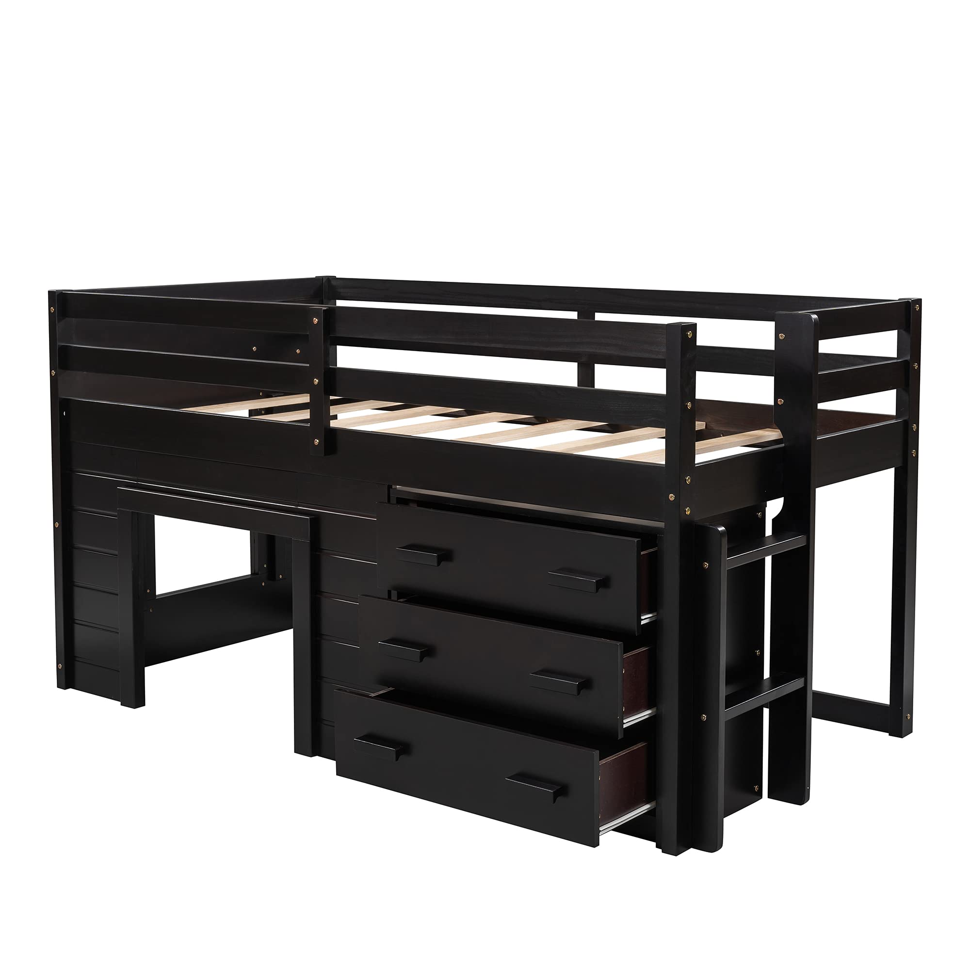 SQX Twin Size Wooden Loft Bed with Cabinet and Shelf - Sturdy Kids Loft Bed Frame, No Box Spring Required (Espresso Finish) - Perfect for Small Bedrooms, Dorm Rooms & Space-Saving Kids' Rooms
