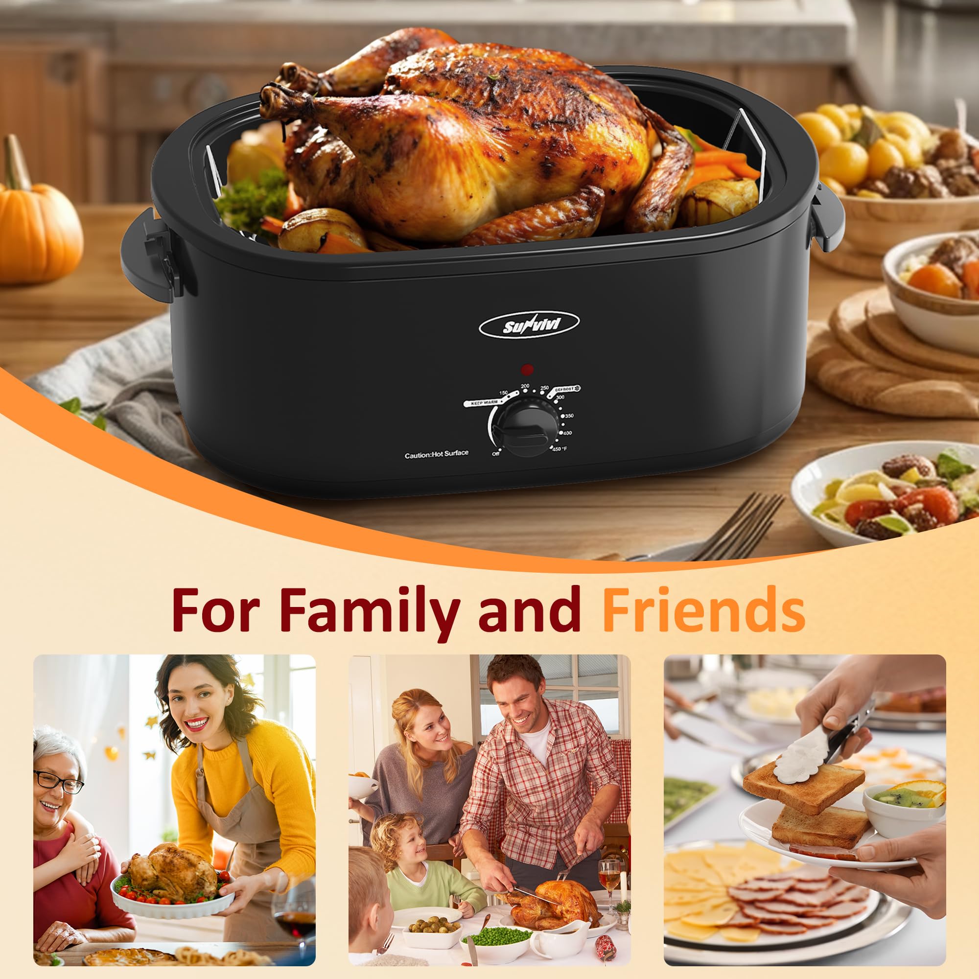 Sunvivi 26 Quart Electric Roaster Oven with Self-Basting Lid - Large Turkey Roaster with Removable Pan & Cool-Touch Handles for Holiday Cooking, Buffet Serving & Family Gatherings - Black