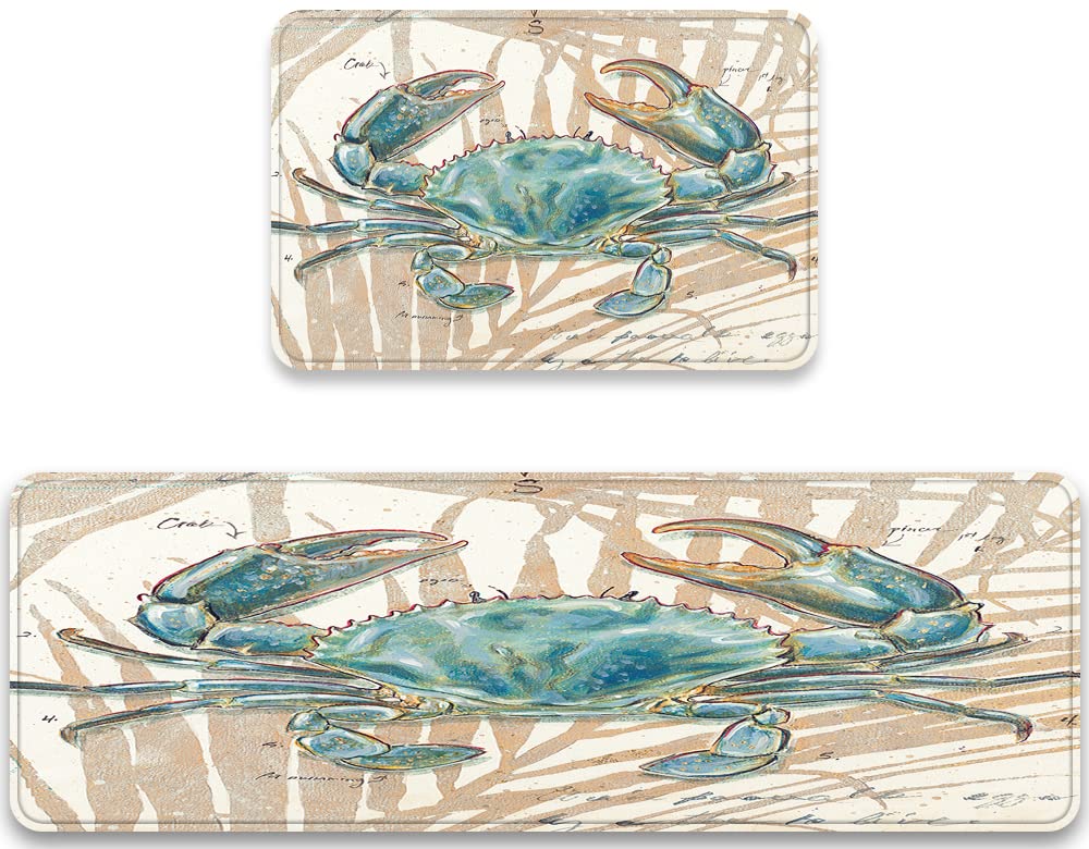 2-Piece Non-Slip Kitchen Rugs Set - Blue Crab Ocean Theme Washable Floor Mats, Durable Doormat & Runner Carpet with Underwater Submarine Design | Perfect for Coastal Kitchens, Beach House Entryways & Nautical Home Decor