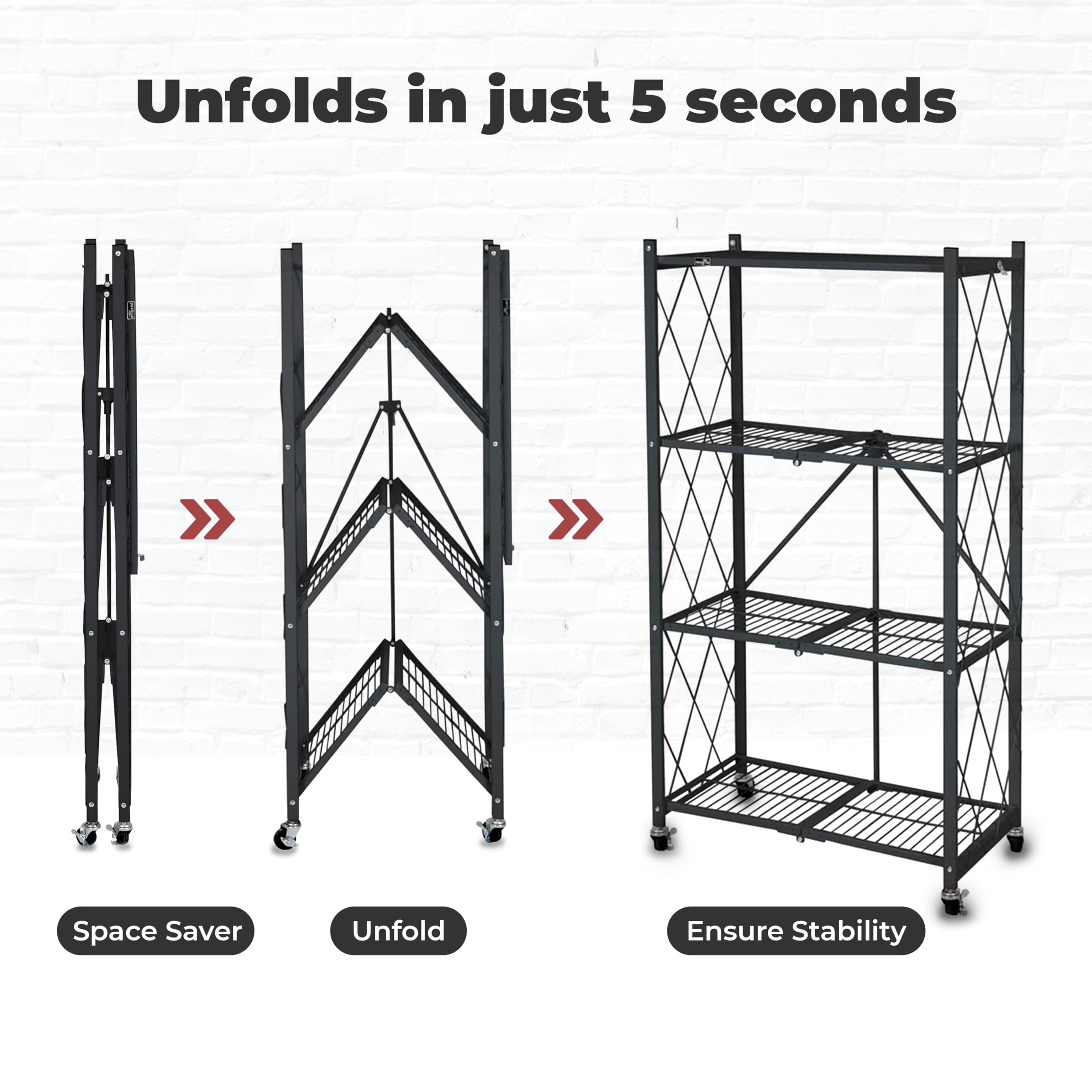 4-Tier Folding Storage Shelf Organizer with Wheels - Space Saving Origami Design for Kitchen, Garage, Pantry & Closet Organization - Heavy Duty Black Metal Shelving Unit for Home Storage Needs