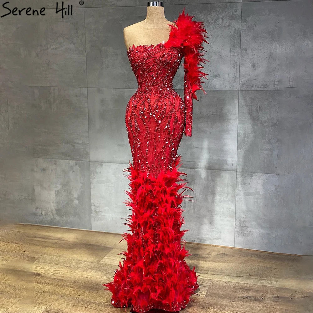 Elegant Arabic Wine Red Mermaid Evening Gown with Feathers & Beading - Luxury Women's Formal Dress for Weddings, Parties & Special Occasions - Perfect for 2025 Events & Red Carpet Glamour