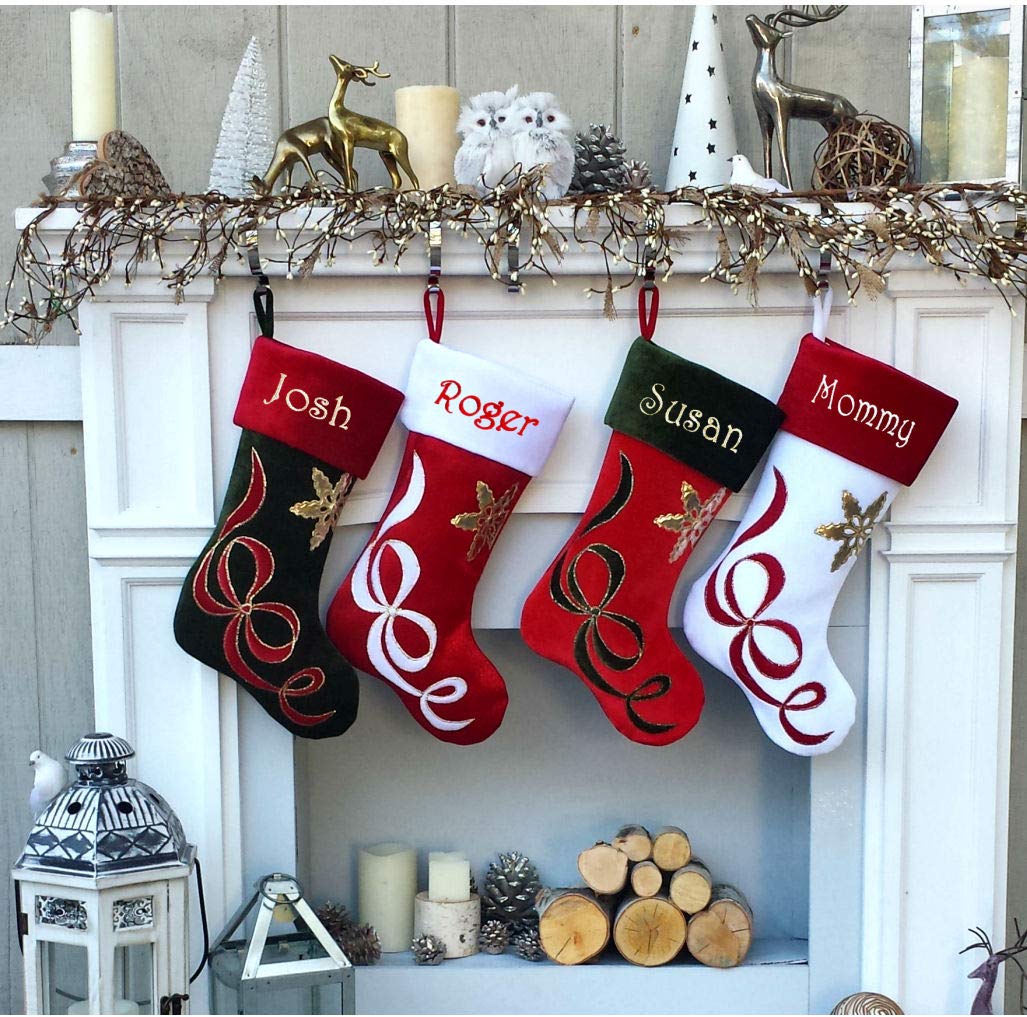 Personalized Christmas Stockings - Velvet Red Body with White Cuff & Ribbon | Holiday Decor for Fireplace Mantel, Gift Exchange & Festive Home Decor