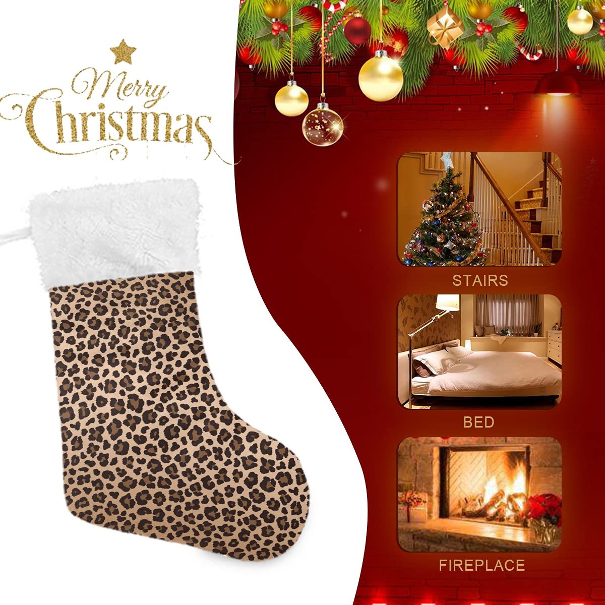 ALAZA 18-inch Christmas Stockings - Large Leopard Print Cheetah Pattern Burlap with Plush Faux Fur Cuff - Holiday Decor for Family Xmas Party | Perfect for Fireplace Mantel, Gift Exchange & Festive Home Decoration