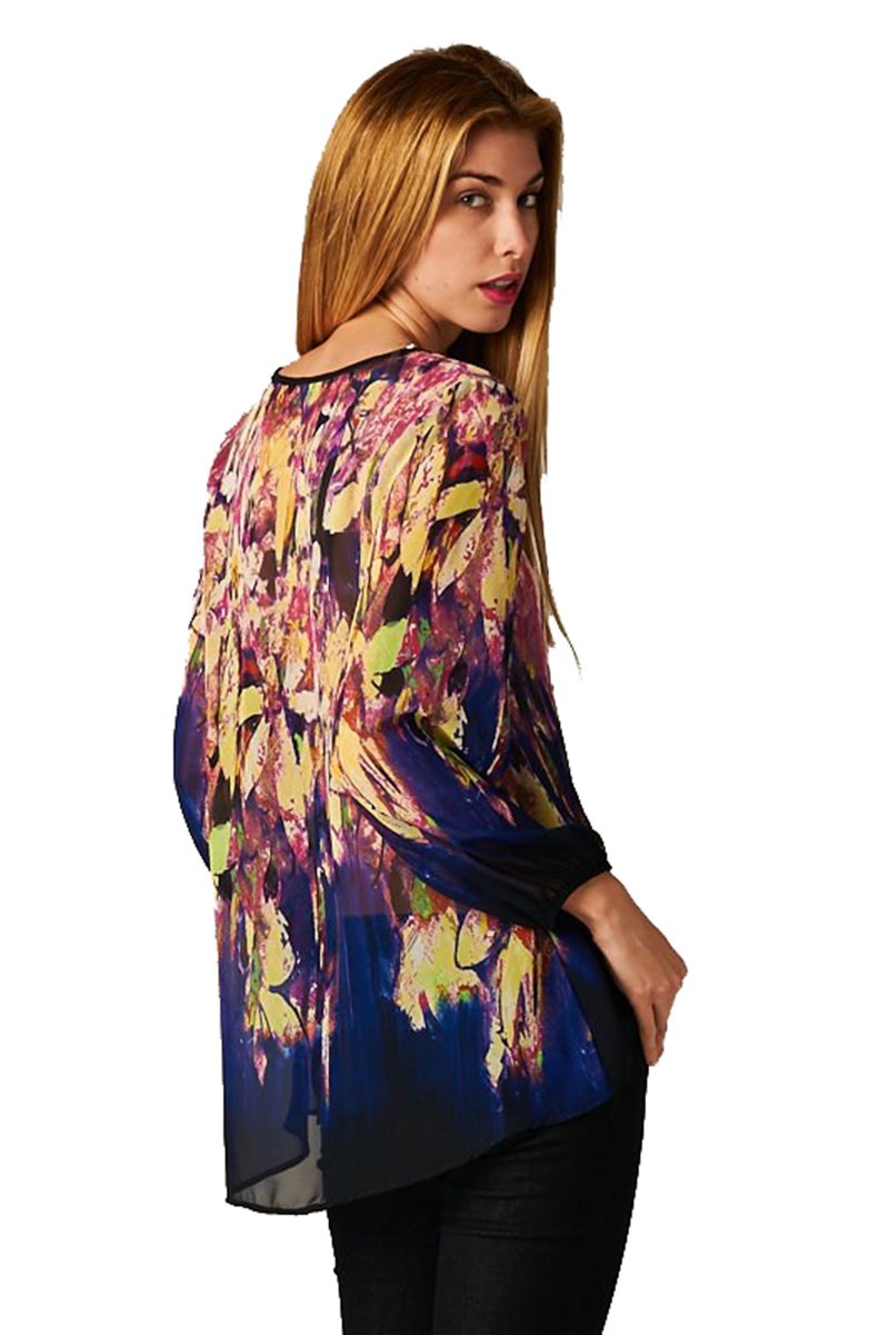Elegant Watercolor Floral Print 3/4 Sleeve Chiffon Blouse with Hi-Low Hem - Perfect for Spring Outfits, Office Wear & Special Occasions