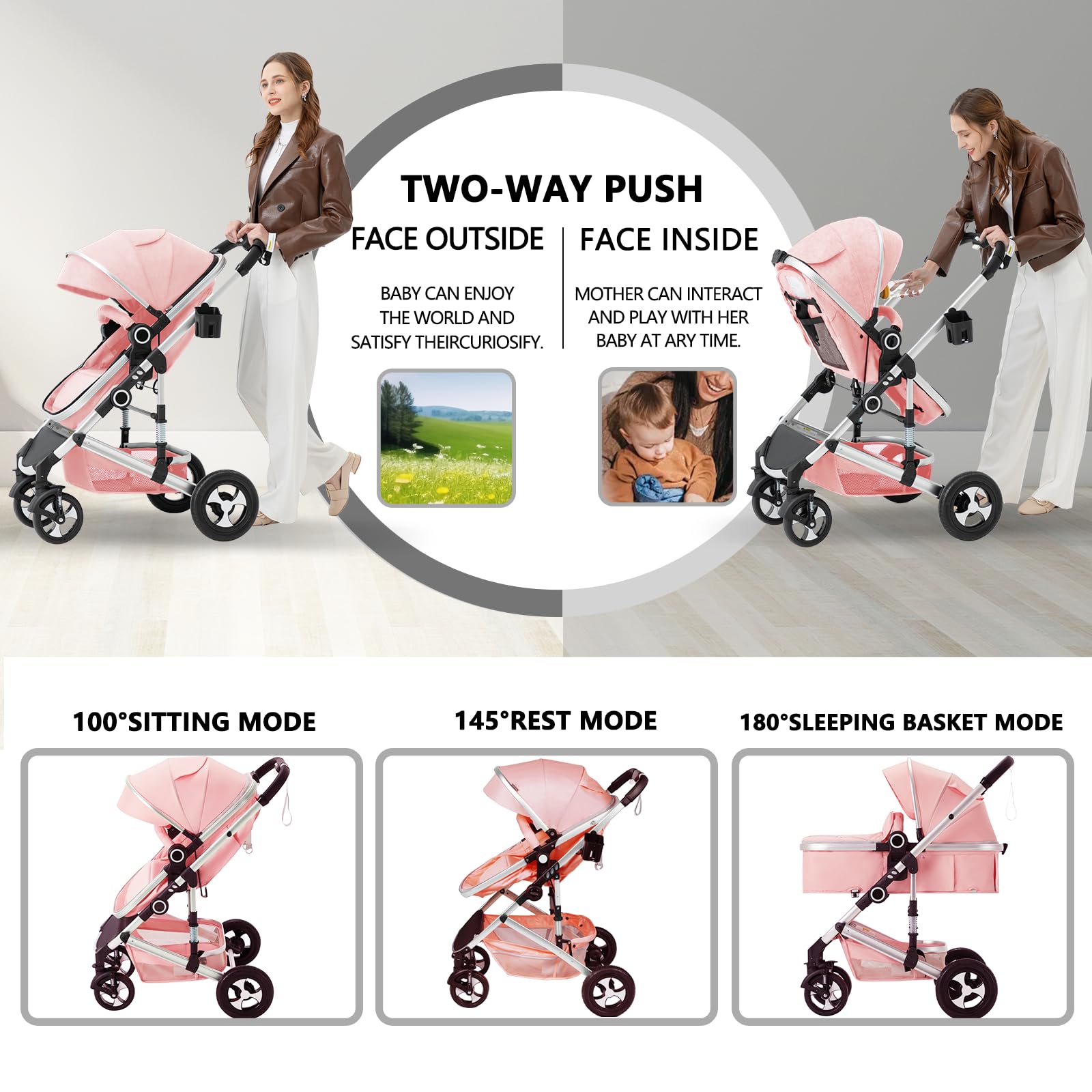 Kinder King 2 in 1 Convertible Baby Stroller - Lightweight Folding Travel Stroller with Reversible Bassinet & Adjustable Canopy | Includes Diaper Bag | Perfect for Newborns & Infants (Pink) | Ideal for Shopping, Travel & Daily Walks