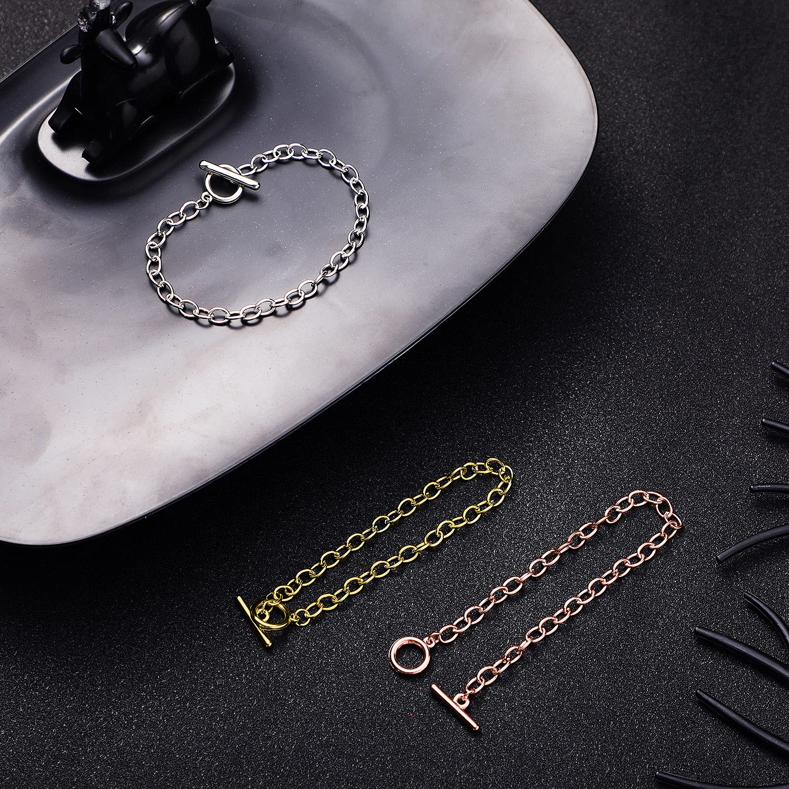Hicarer 45 Pieces Stainless Steel Bracelet Chains with OT Toggle Clasp - DIY Jewelry Making Supplies for Women (Silver, Gold, Rose Gold) - Perfect for Necklace Extenders, Charm Bracelets & Handmade Jewelry Crafts