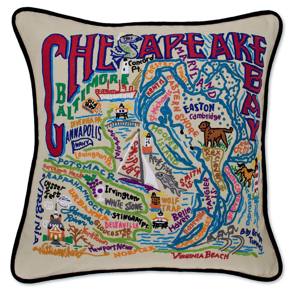 Hand Embroidered Chesapeake Bay Decorative Throw Pillow - Coastal Home Decor for Living Room, Bedroom & Porch