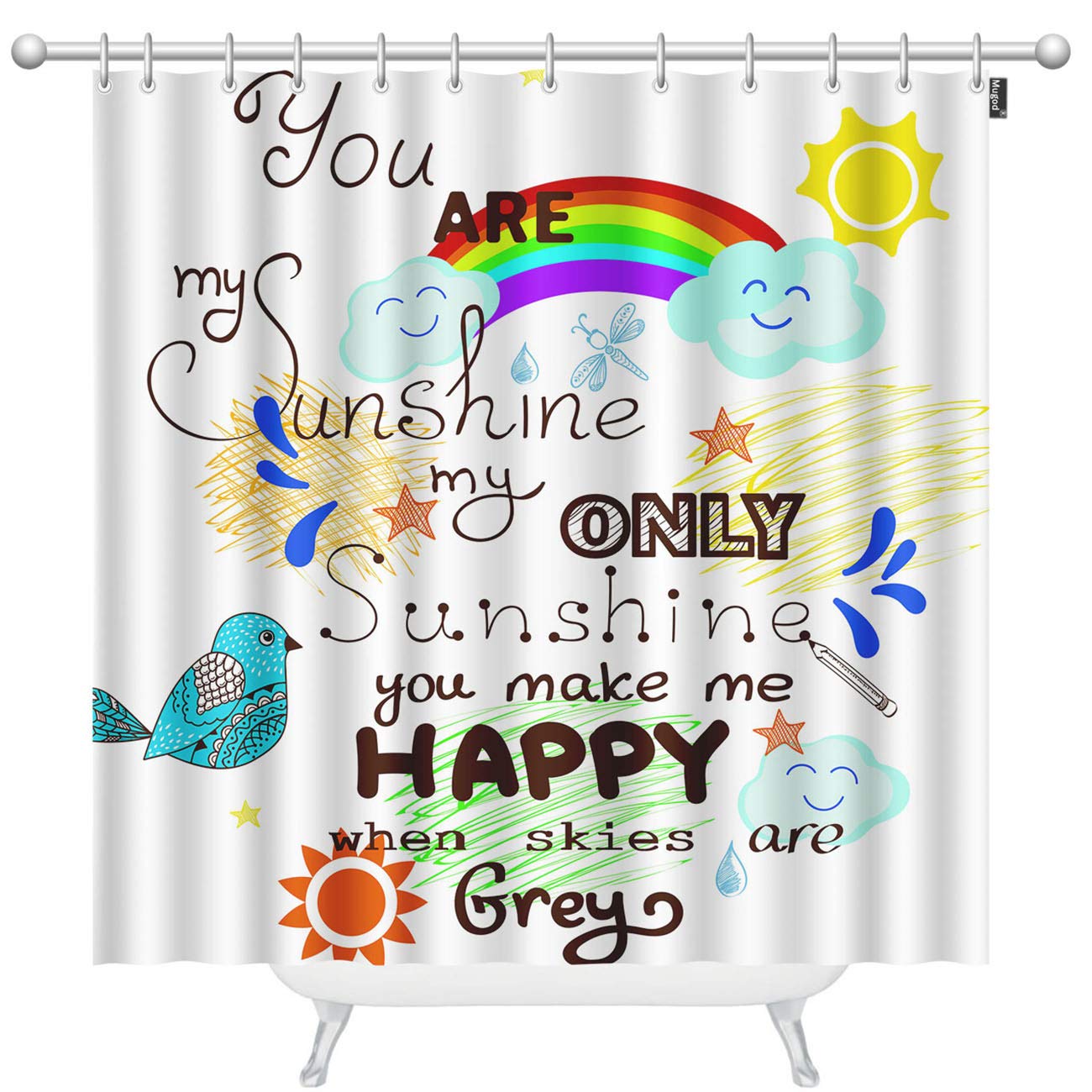 You Are My Sunshine Shower Curtain - Waterproof Fabric Bathroom Decor with Bird, Cloud, Rainbow & Sun Design (60x72 Inches) - Includes 12 Hooks | Perfect for Kids' Bathroom, Nursery, or Cheerful Home Decor