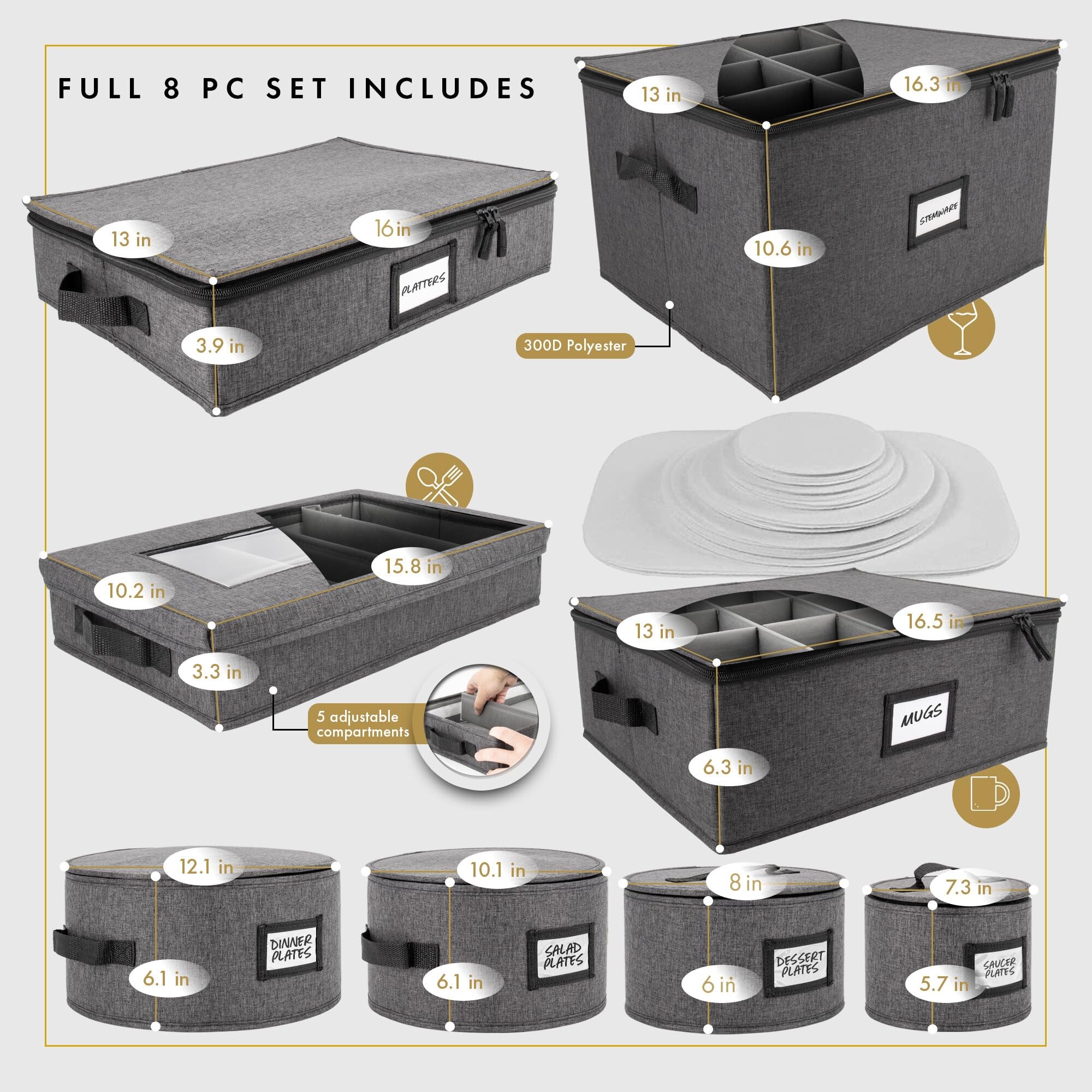 8-Piece Hard Shell China Storage Containers Set with Lids - Heavy Duty Dinnerware Organizer for Plates, Wine Glasses, Mugs & Utensils - Perfect for Moving, Kitchen Organization & Dishware Protection