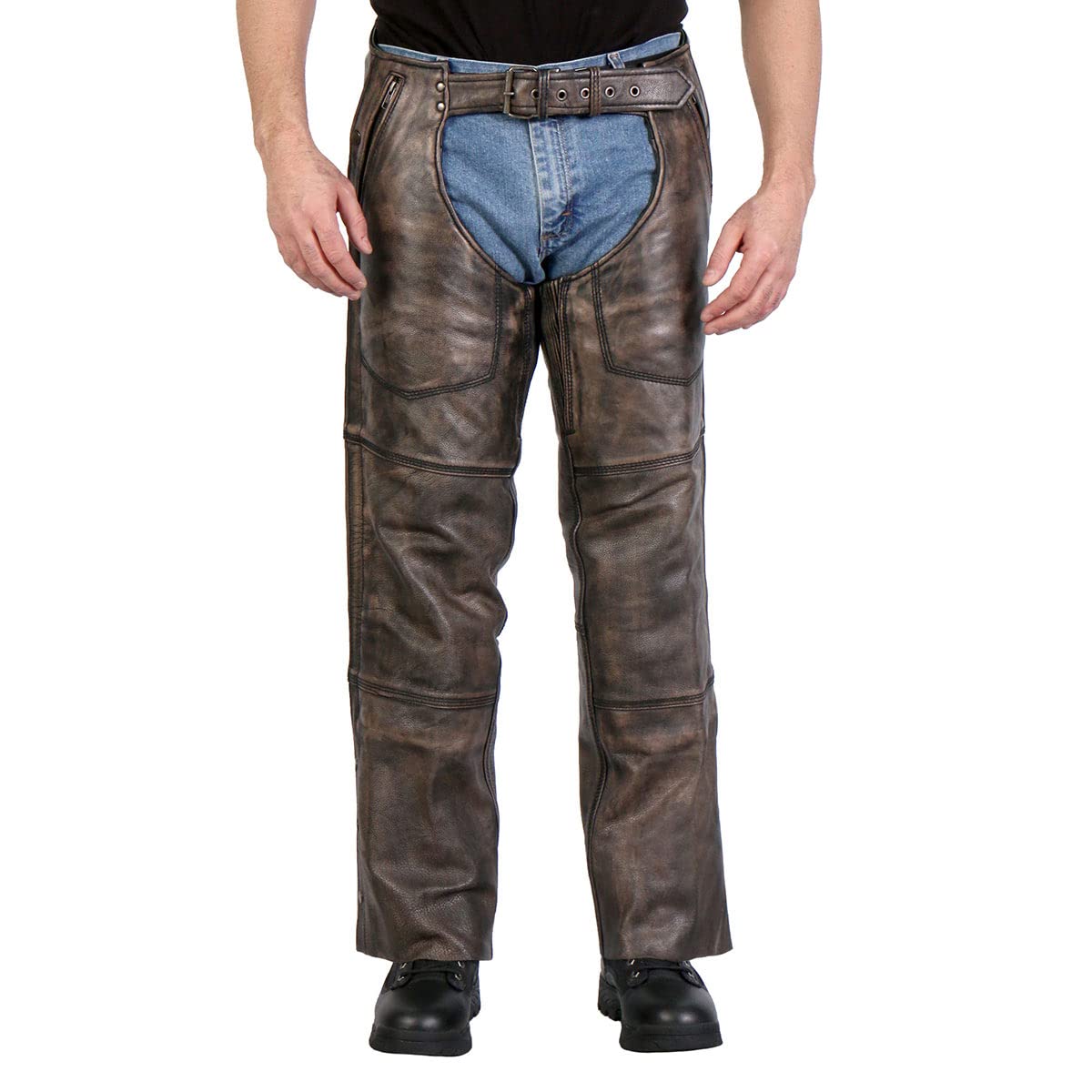 Premium Distressed Brown Motorcycle Leather Chaps for Men & Women - CHM1008 - X-Large - Durable Riding Gear for Harley, Cruiser & Adventure Bikes