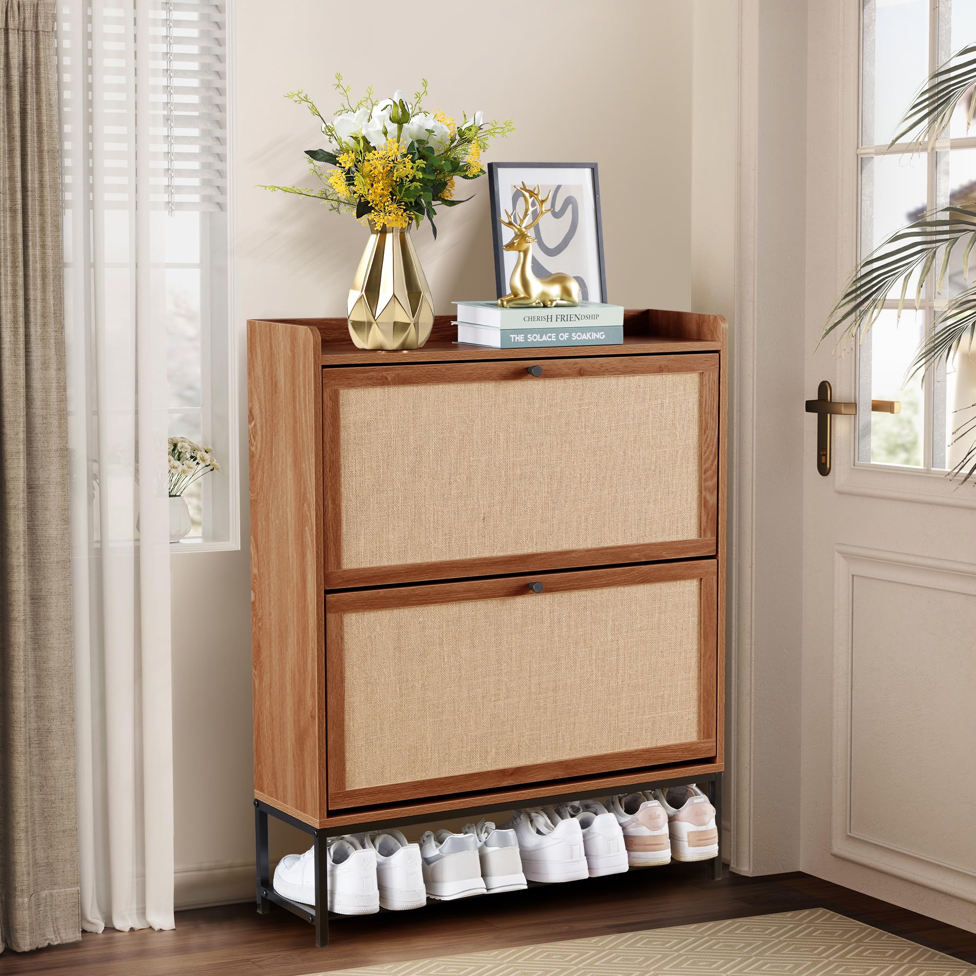 LEVNARY Wooden Shoe Storage Cabinet with 2 Flip Drawers - Narrow Entryway Shoe Organizer with Metal Legs, Freestanding Shoe Rack for Hallway (Walnut) | Perfect for Small Spaces, Apartment Entryways & Closet Organization