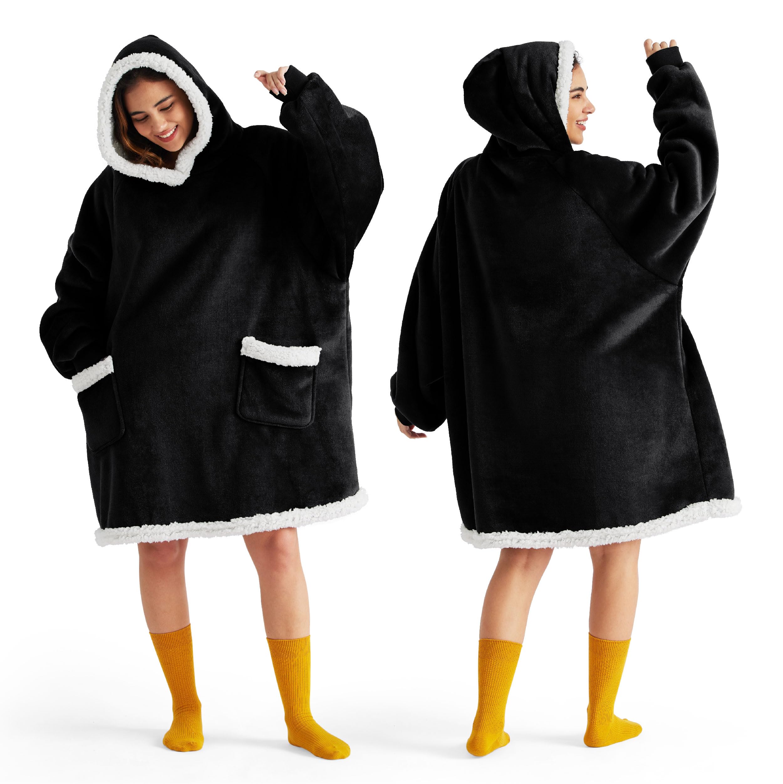 Bedsure Wearable Blanket Hoodie for Adults & Kids - Soft Fleece Hooded Blanket with Pockets, Perfect Birthday Gift for Women, Men & Mom - Great for Christmas, Mothers Day Gifts - Black (Standard Size) - Cozy for Movie Nights, Camping & Lounge at Home