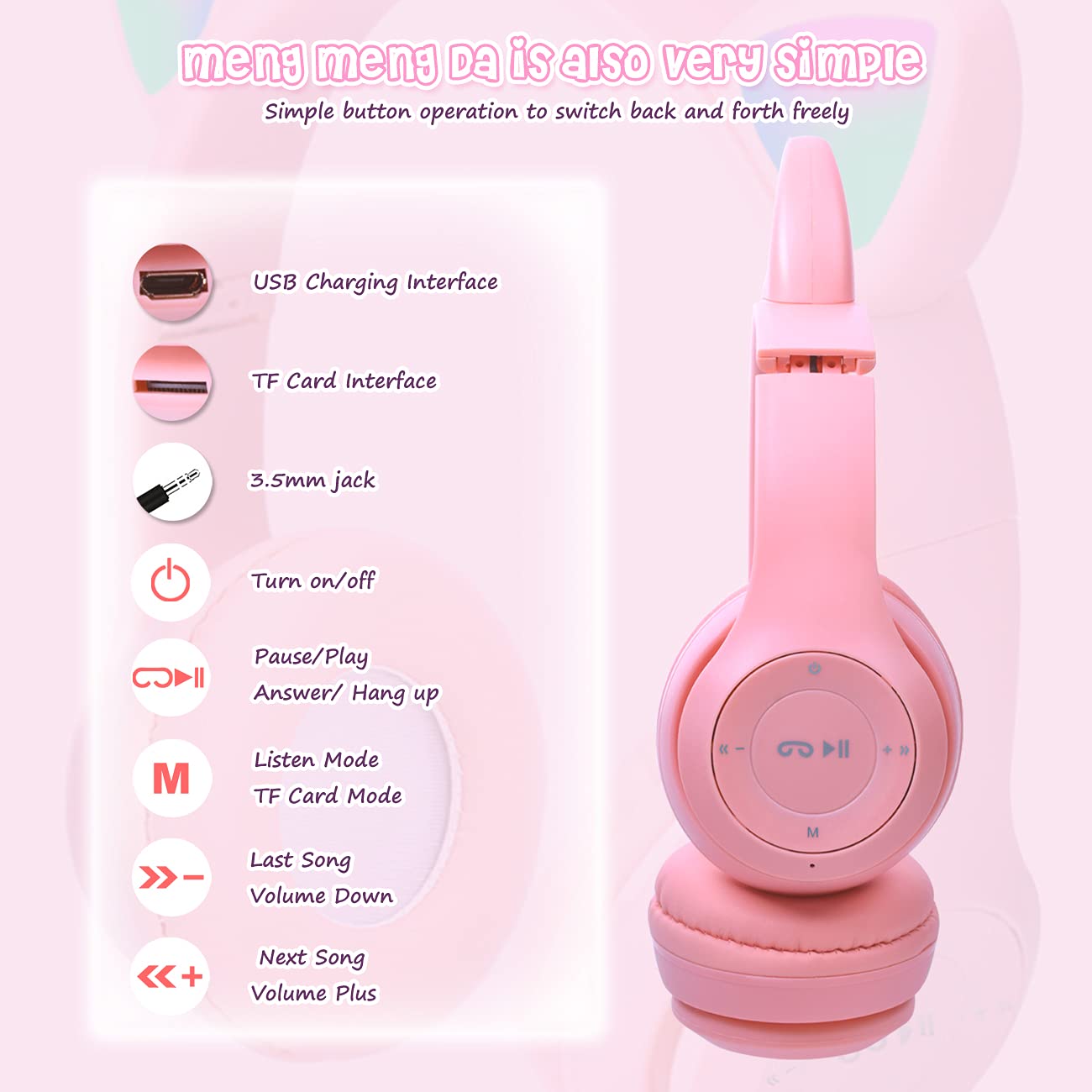 Wireless Cat Ear Headphones for Kids with LED Lights - Pink Foldable Over-Ear Headset with 3.5mm Jack & TF Card Support (3-in-1) - Perfect for School, iPad, Tablet, Travel & Home Use