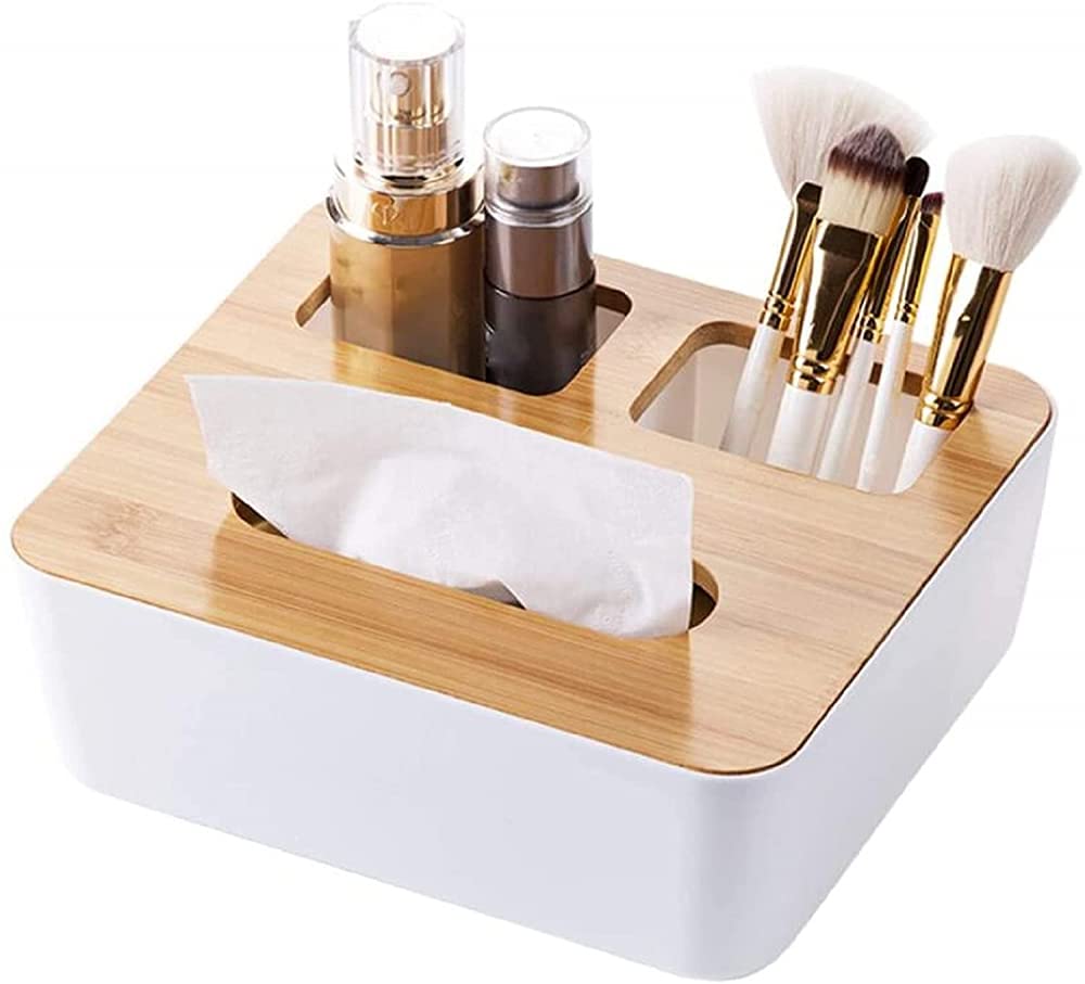 Wooden Tissue Box with Lid - 3 Compartment Organizer for Office & Home | Toilet Paper Storage, Pen Holder & Makeup Brush Organizer | Perfect for Living Room, Bathroom & Office Desk Organization
