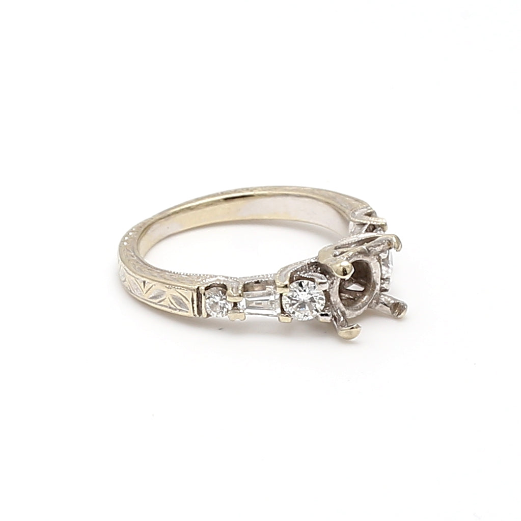 0.45 Carat Round Brilliant & Baguette Diamond 14K White Gold Semi Mount Engagement Ring - Perfect for Wedding Bands, Anniversary Gifts & Bridal Jewelry