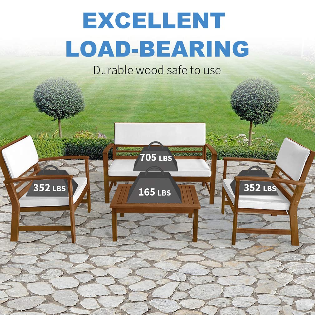 4-Piece Acacia Wood Patio Furniture Set with Cushions - Outdoor Bistro Table and Chairs for Balcony, Backyard, Poolside - Perfect for Relaxing, Entertaining & Dining Al Fresco