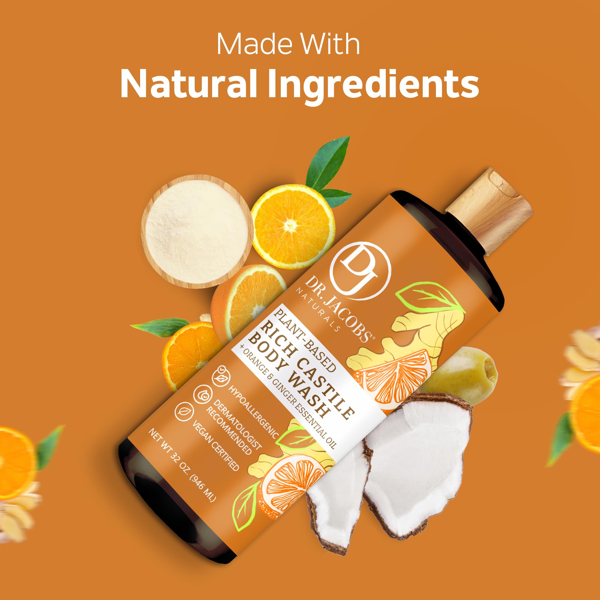 DR. JACOBS NATURALS Castile Orange & Ginger All-Natural Body Wash & Shampoo - Moisturizing for Dry & Sensitive Skin, Plant-Based Ingredients, Gluten-Free, No Preservatives - 32 oz (Pack of 2) - Perfect for Daily Shower & Gentle Hair Care