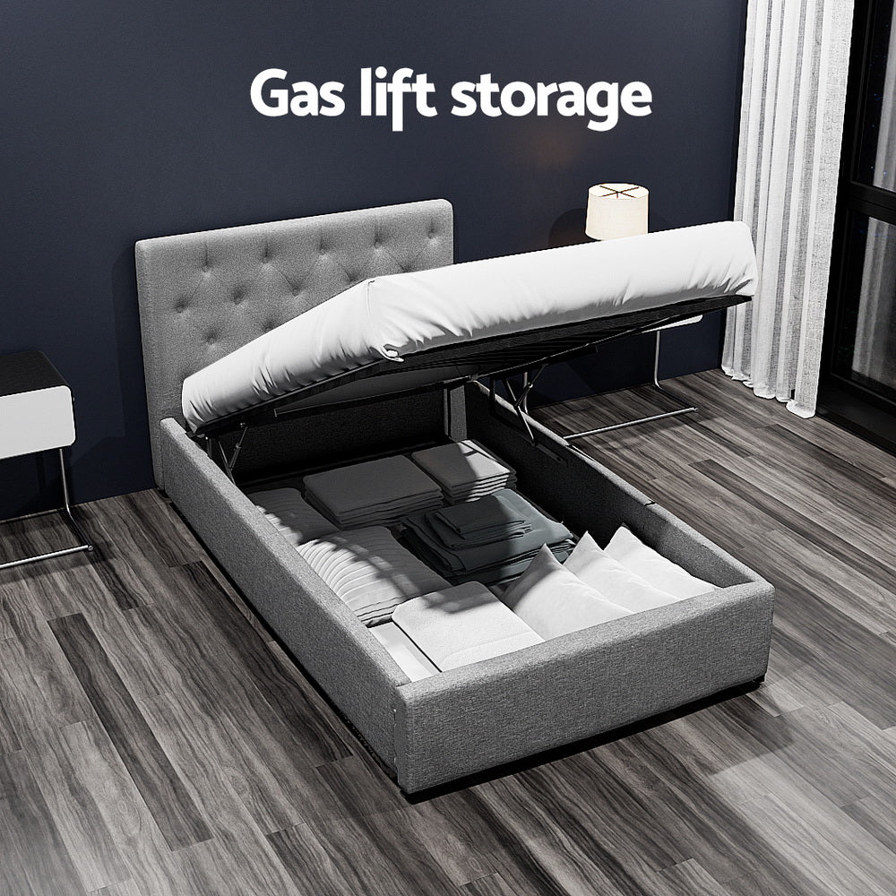 Dorilla Gas Lift Storage King Single Bed Frame in Grey - Space-Saving Bed with Underbed Storage for Small Apartments & Dorm Rooms