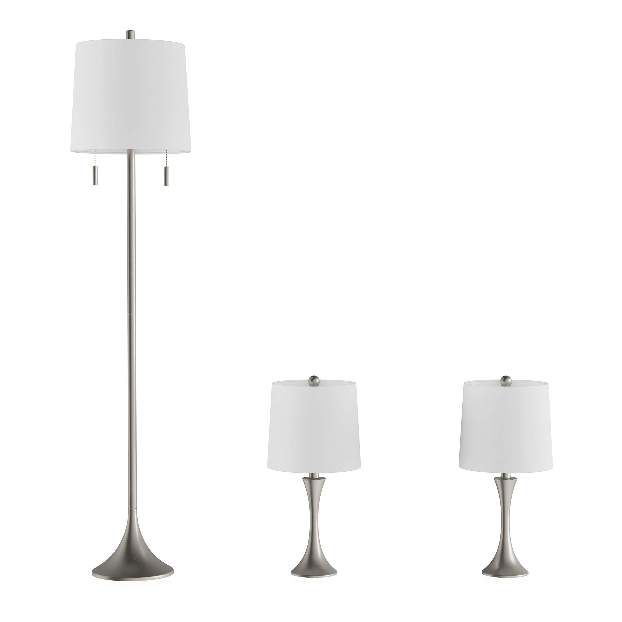 3-Piece Mid-Century Modern Floor & Table Lamp Set with Flared Trumpet Base - Silver Metal Lamps with Energy Efficient LED Bulbs by Lavish Home - Perfect for Living Room, Bedroom & Office Lighting