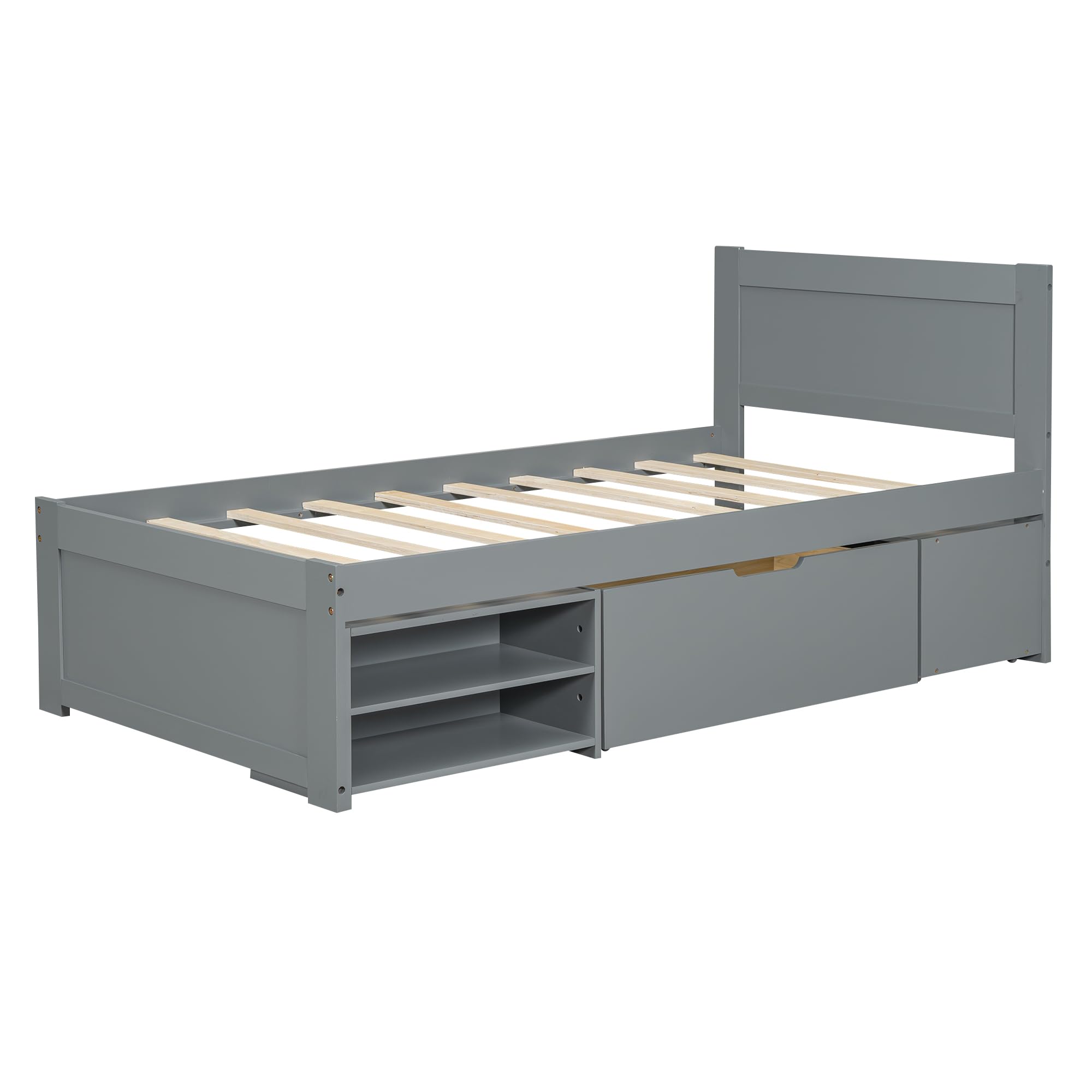 Merax Twin Size Wooden Platform Bed with Storage - Underbed Drawer, Shelves & Rolling Rack for Kids Bedroom - Space-Saving Grey Bed Frame for Boys and Girls | Perfect for Small Rooms, Dorms & Apartments